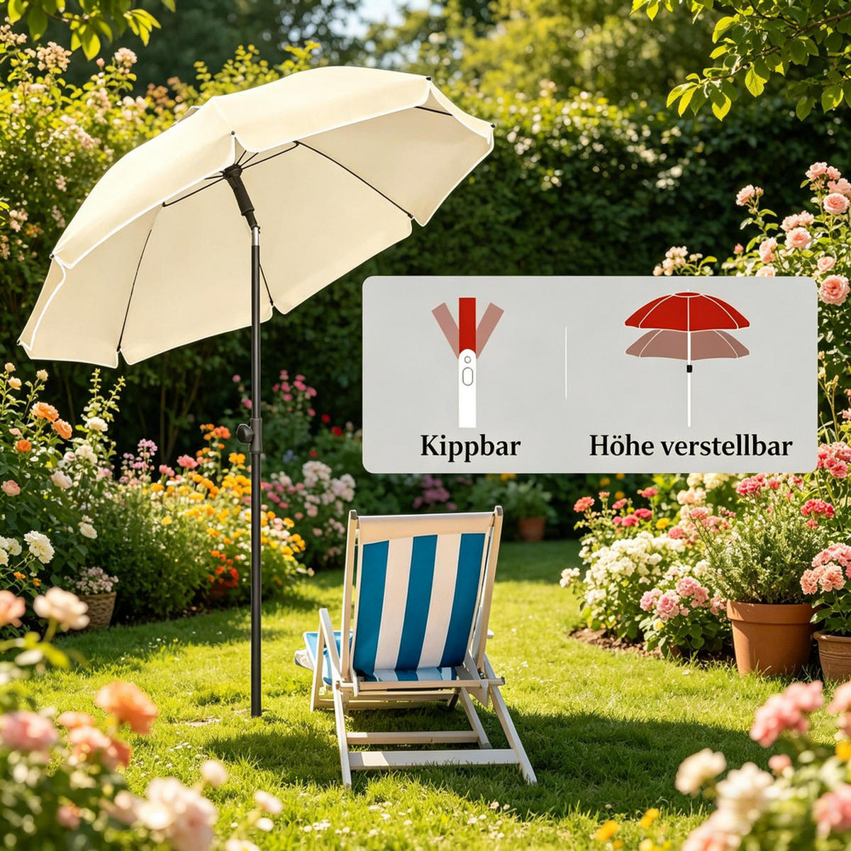 SONNENSCHIRM Klappbar Metall 175cm Neigbar Verstellbar - Beige, Textil (195/175cm) - Raelunyi