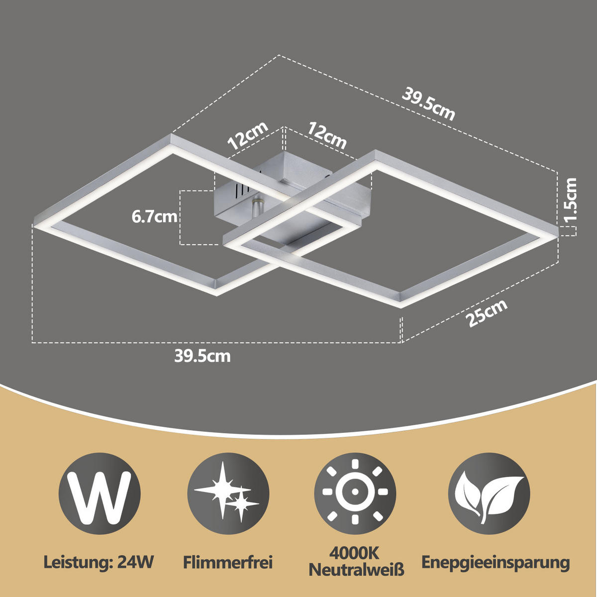 LED DECKENLEUCHTE Celwynne 39.5/39.5/6.7 cm - Silberfarben, Kunststoff (39.5/39.5/6.7cm) - ZMH