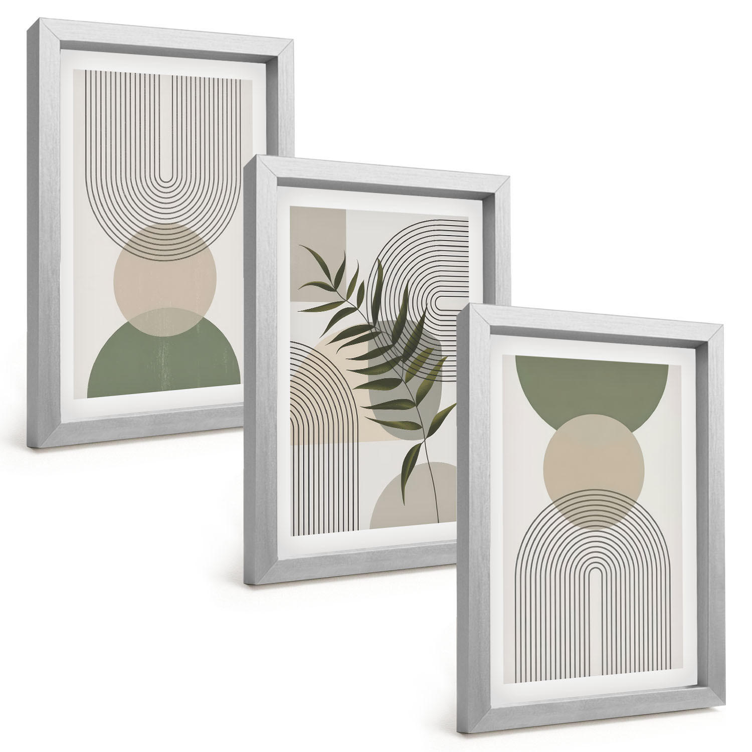 BILDER SET 3er Set - 20x30 cm Silberner Rahmen - Abstrakte Formen mit Grün - Silberfarben, Kunststoff (20/30cm) - TULUP