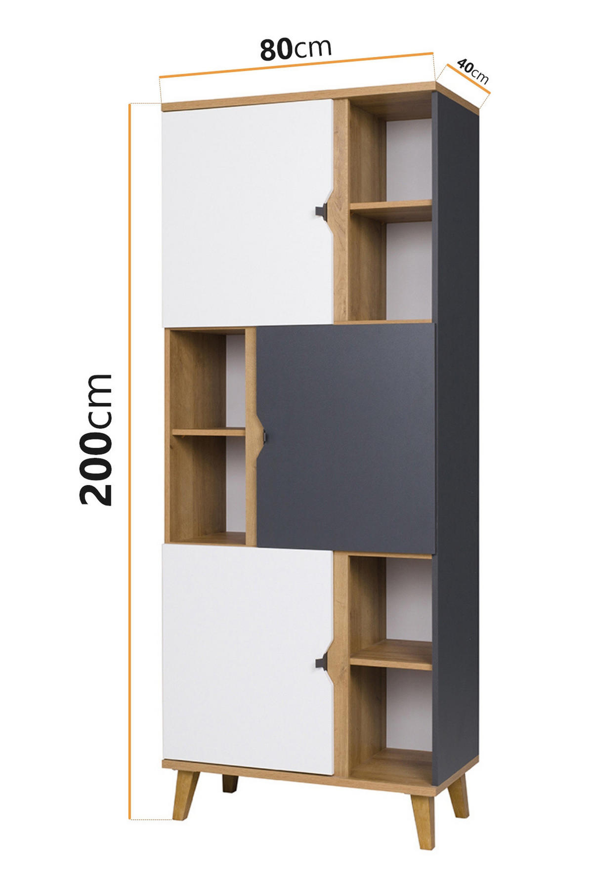BÜCHERREGAL Aster 80cm 3-türig - Eichefarben/Graphitfarben, Holzwerkstoff/Kunststoff (80/200/40cm) - Ravio