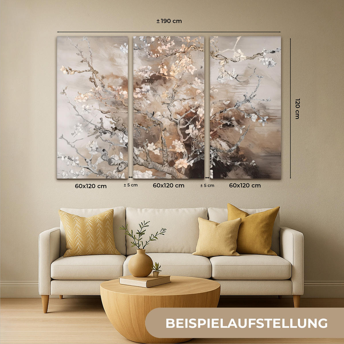 OBRAZ NA PLÁTNĚ 3dílná sada Mandlový květ - abstraktní - béžový 180x120 cm - béžová, textil (180/120cm) - MuchoWow
