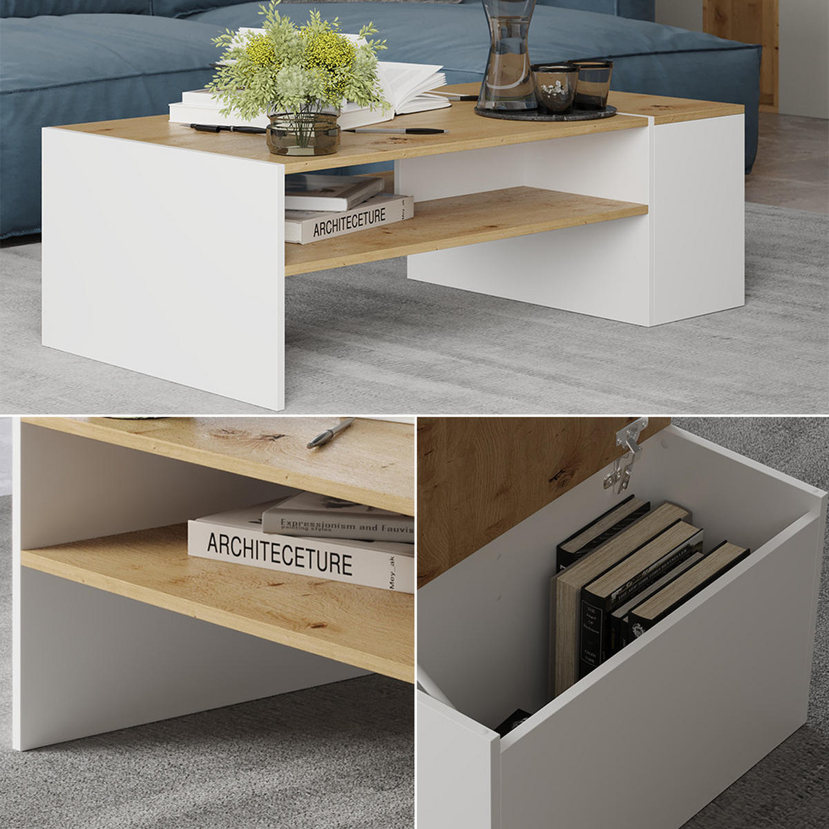 COUCHTISCH Rubby Artisan Eiche/Weiß 110 x 60 cm - Eiche Artisan/Weiß, Holzwerkstoff (60/110/36cm) - Vicco