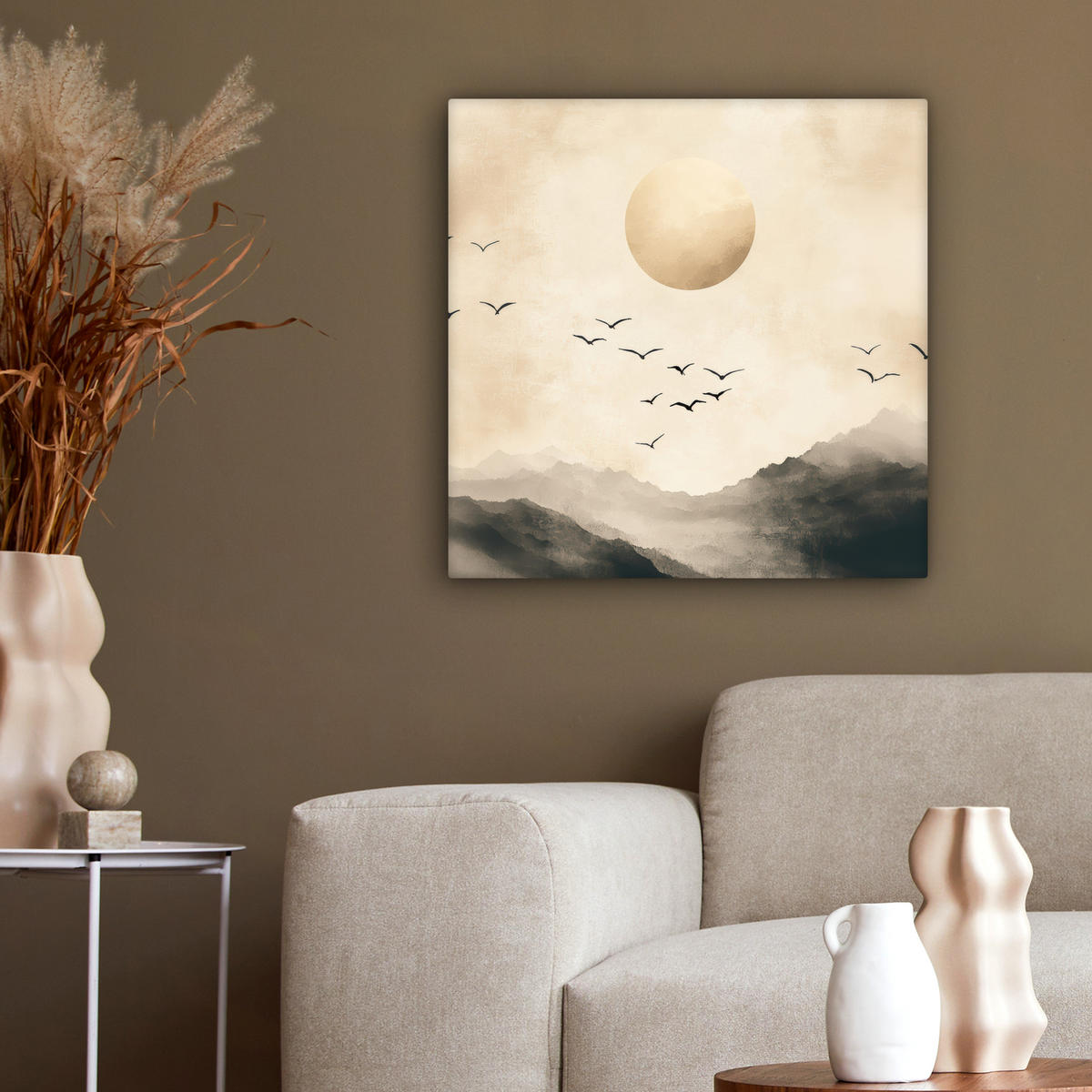 LEINWANDBILD Landschaft - Japandi - Vogel 50x50 cm - Beige, Textil (50/50cm) - MuchoWow