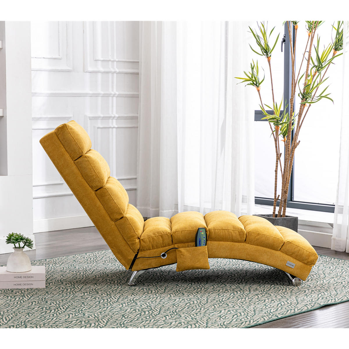 MASAŽNA FOTELJA u senf žutoj boji s funkcijom vibracije, od lana - srebrne boje/žuta, drvni materijal/tekstil (55/84/148cm) - CHICFURN