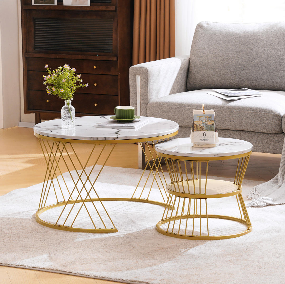 COUCHTISCH-SET 70/70/47 & 45/45/40 cm in Weiß mit Marmormuster und Goldoptik - Weiß, Holzwerkstoff (70/70/45cm) - Flora Grace