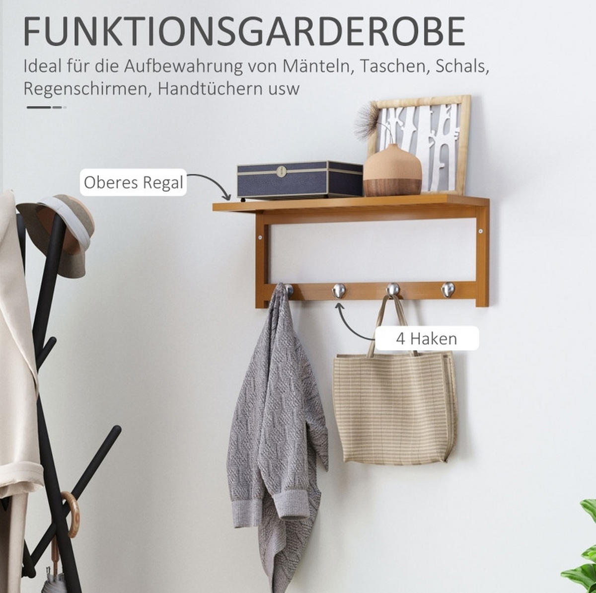 WANDGARDEROBE 50/17,5/16 cm Naturholz aus Bambus mit Regal und Haken - Naturfarben, Holzwerkstoff (16/17.5/50cm) - OKMYHOME