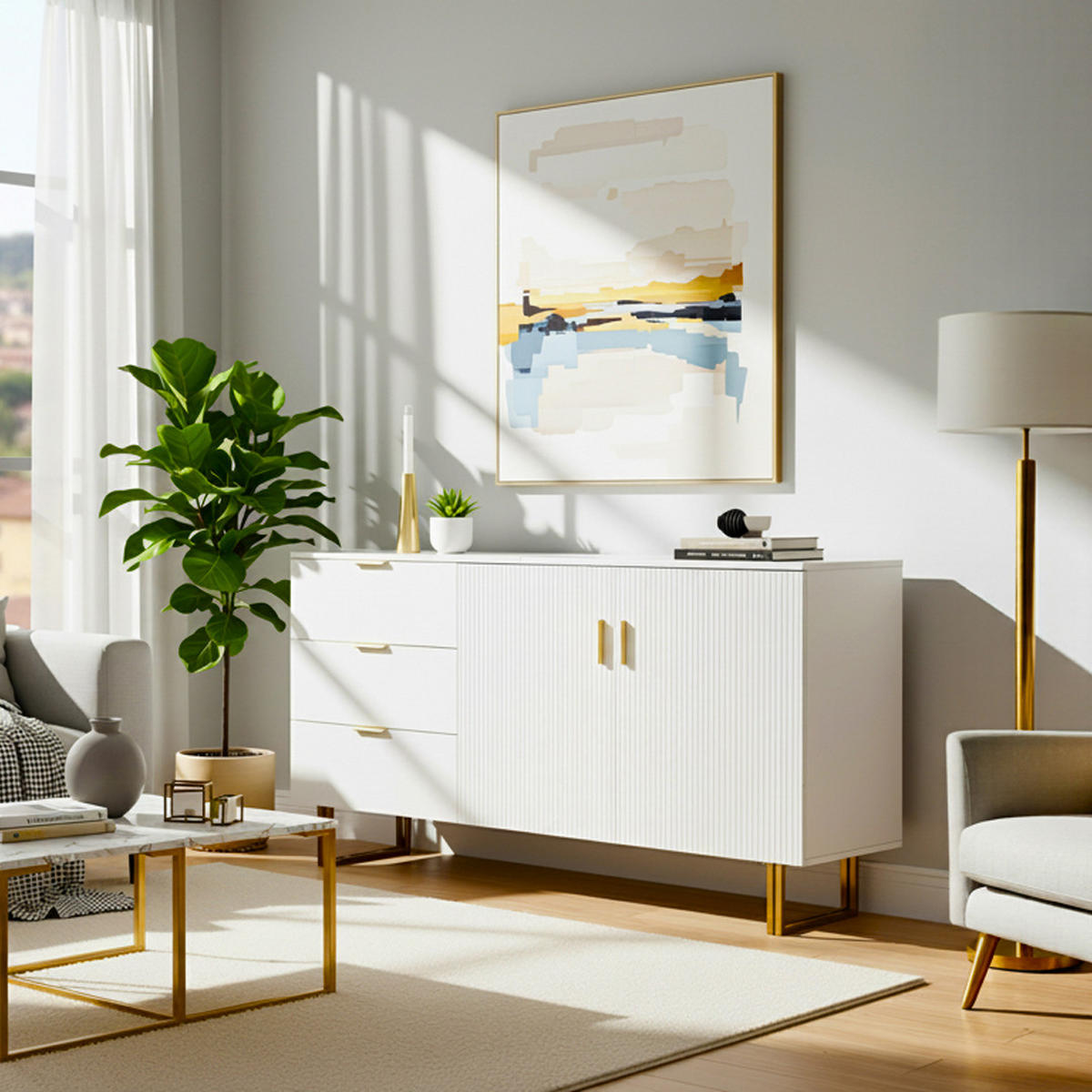 SIDEBOARD Elegante Kommode mit 2 Türen & 3 Schubladen Weiß - Weiß, Holzwerkstoff (160/81.5/40cm) - Urban Meuble