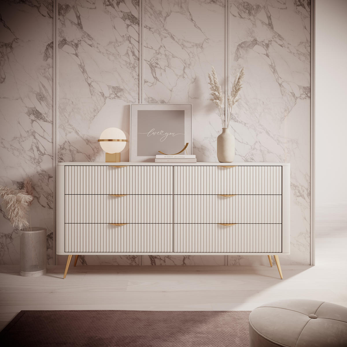 SIDEBOARD Vespasia 6S Beige 163,2/81,2/38 cm – Geriffelten Fronten - Beige/Goldfarben, Holzwerkstoff/Metall (163/81.2/38cm) - AX Living