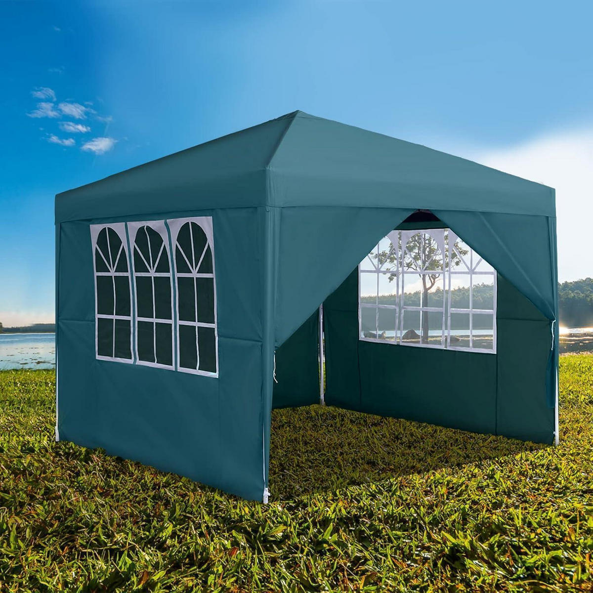 FALTPAVILLON 3 x 3 m mit 4 Seitenteilen und Fenstern Grün - Petrol, Textil (300/260/300cm)