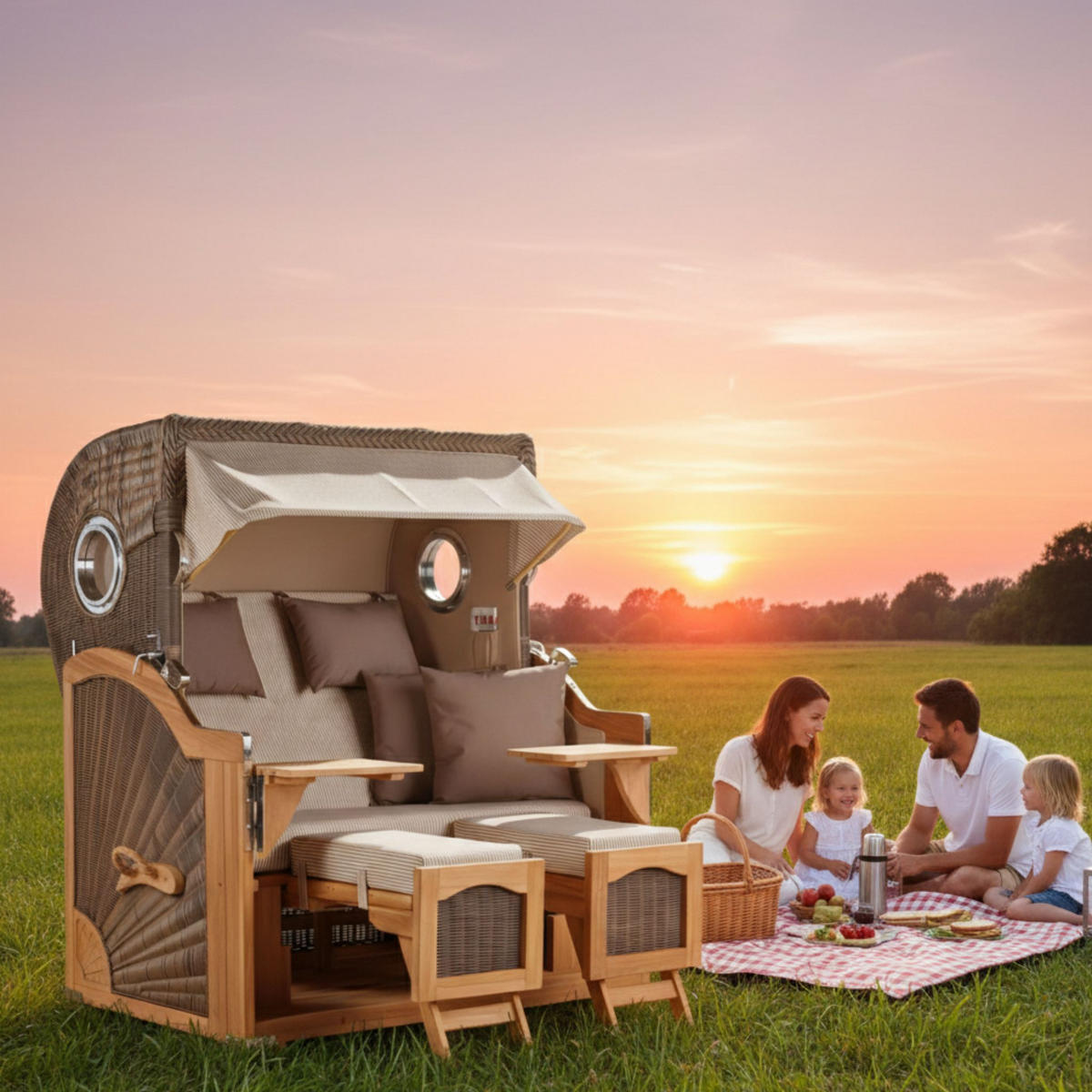 STRANDKORB Düne Grande Bullauge Teak PE Grey Dessin 510 - Beige/Braun, Metall (142/170/95cm) - Mr. Deko