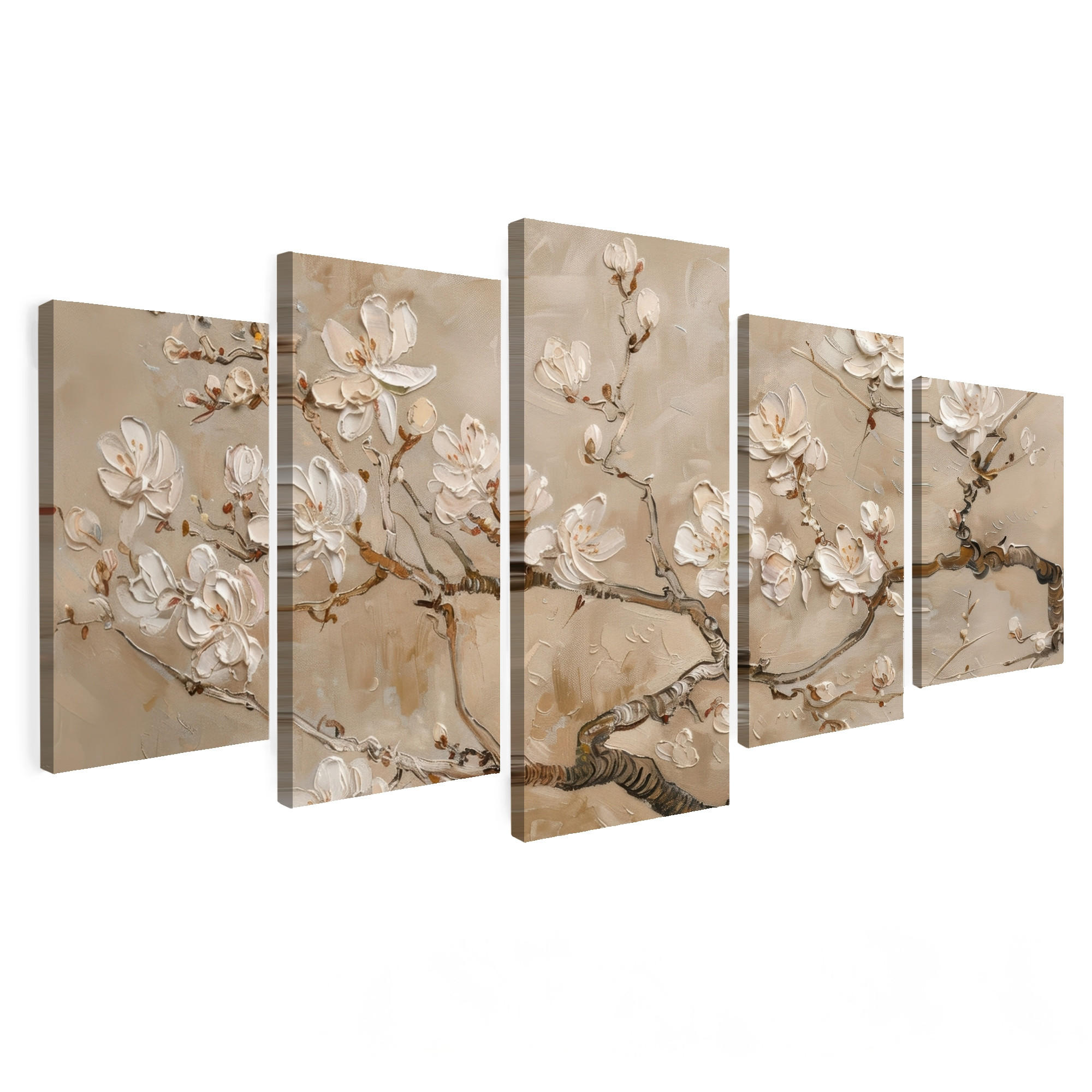 OBRAZ NA PLÁTNĚ 5dílná sada Béžová - Blossom - Moderní 150x80 cm - béžová, textil (150/80cm) - MuchoWow