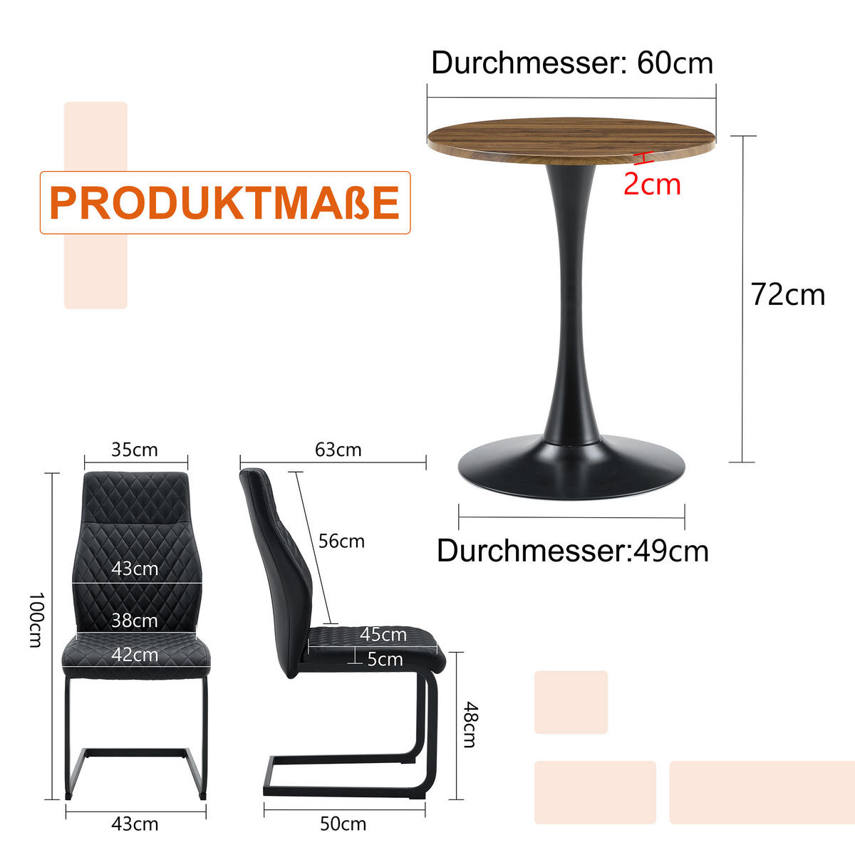 ESSGRUPPE DE-39408 3-teilig, mit 2 Stühlen und Rautenmuster Schwarz - Schwarz, Holzwerkstoff (60/72/60cm) - ComfortXL