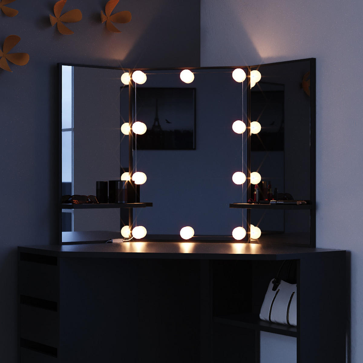 ECKSCHMINKTISCH Arielle Schwarz 110 cm mit LED Beleuchtung - Schwarz, Holzwerkstoff (110/141.5/54cm) - Vicco