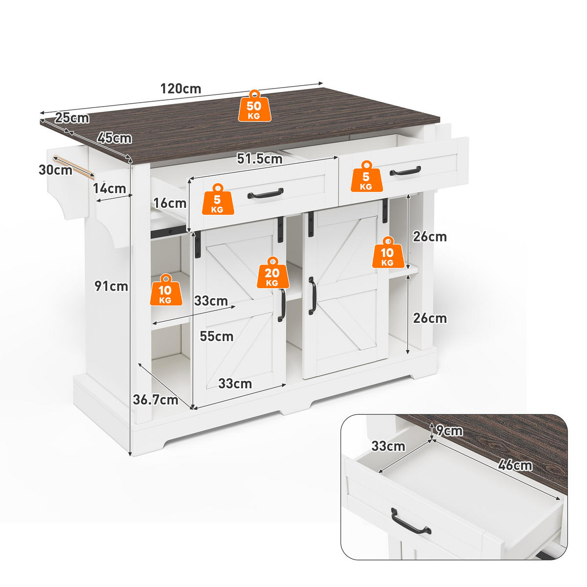 KÜCHENINSEL 120/45/91 cm braun/weiß aus MDF mit Klappplatte - Braun, Holzwerkstoff (120/91/70cm) - OKWISH