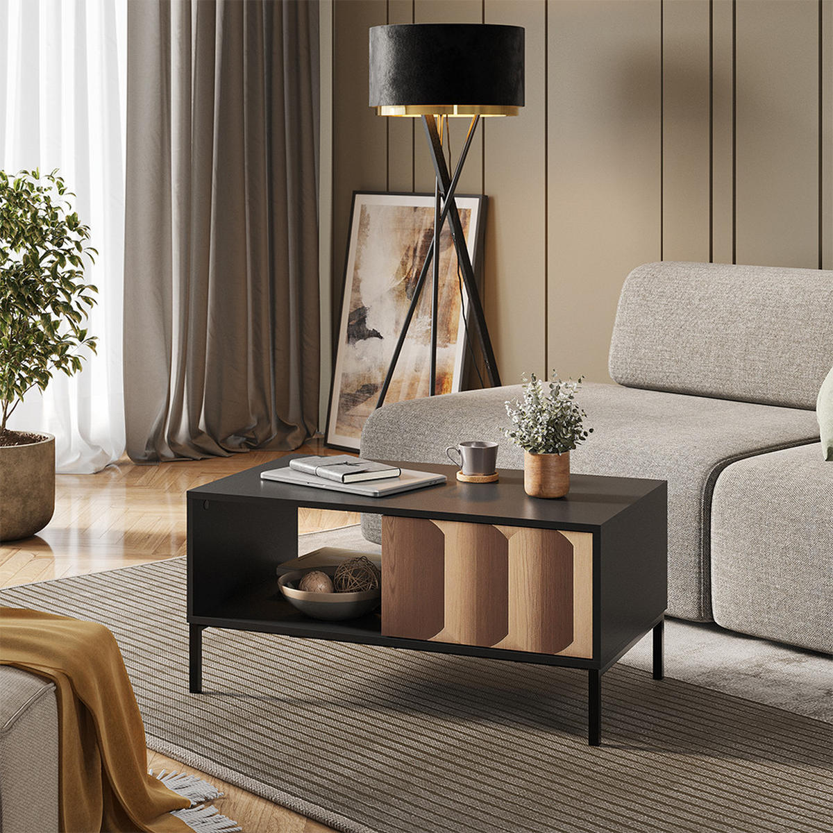 COUCHTISCH Eliza Schwarz/Eiche 90 x 50 cm mit Schublade - Eichefarben/Schwarz, Holzwerkstoff (50/90/45cm) - Vicco