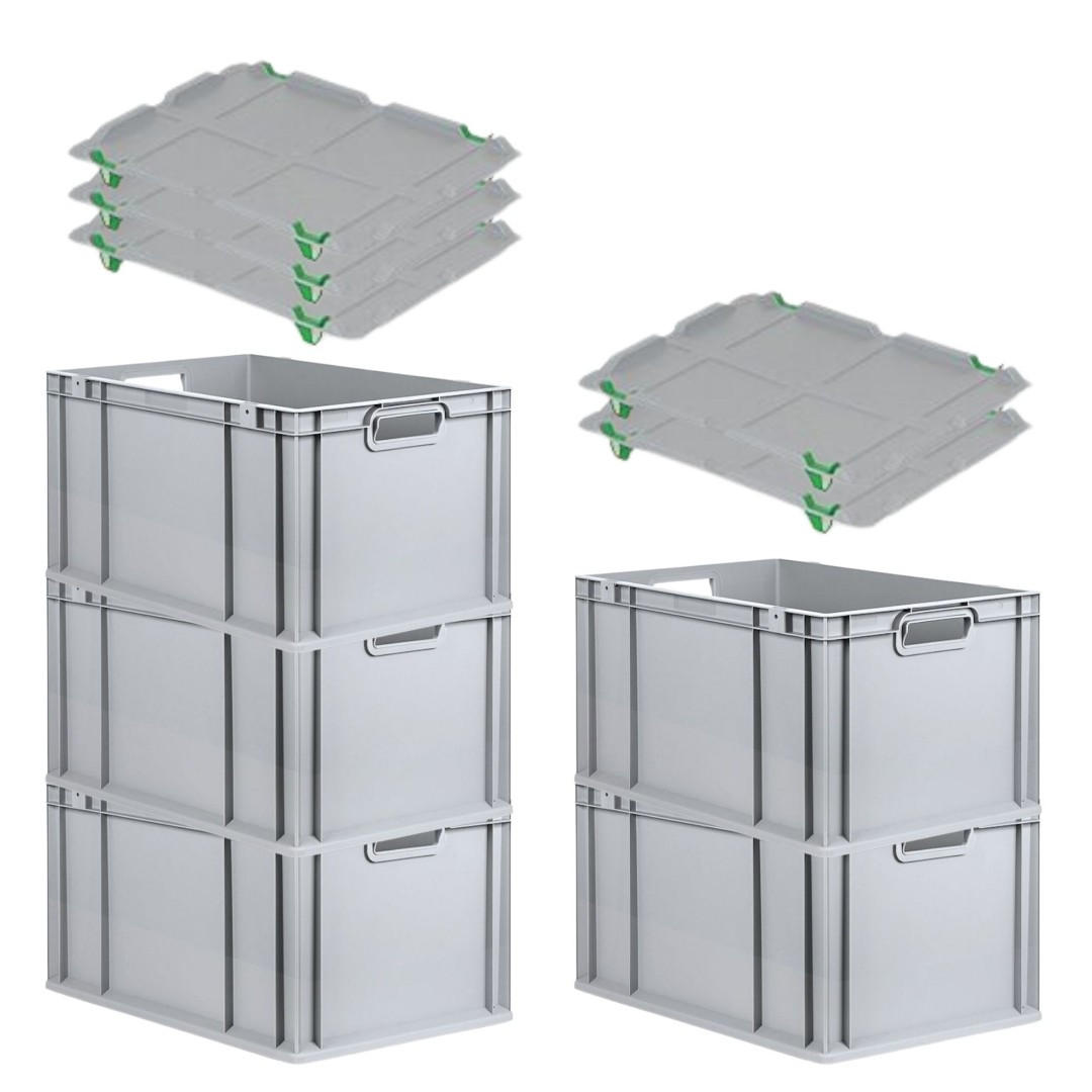 EUROBOX 5x Nextgen Economy Mit Auflagedeckel Grau/Grün Griffe Offen 65 Liter - Grün, Kunststoff (40/32/60cm) - PROREGAL