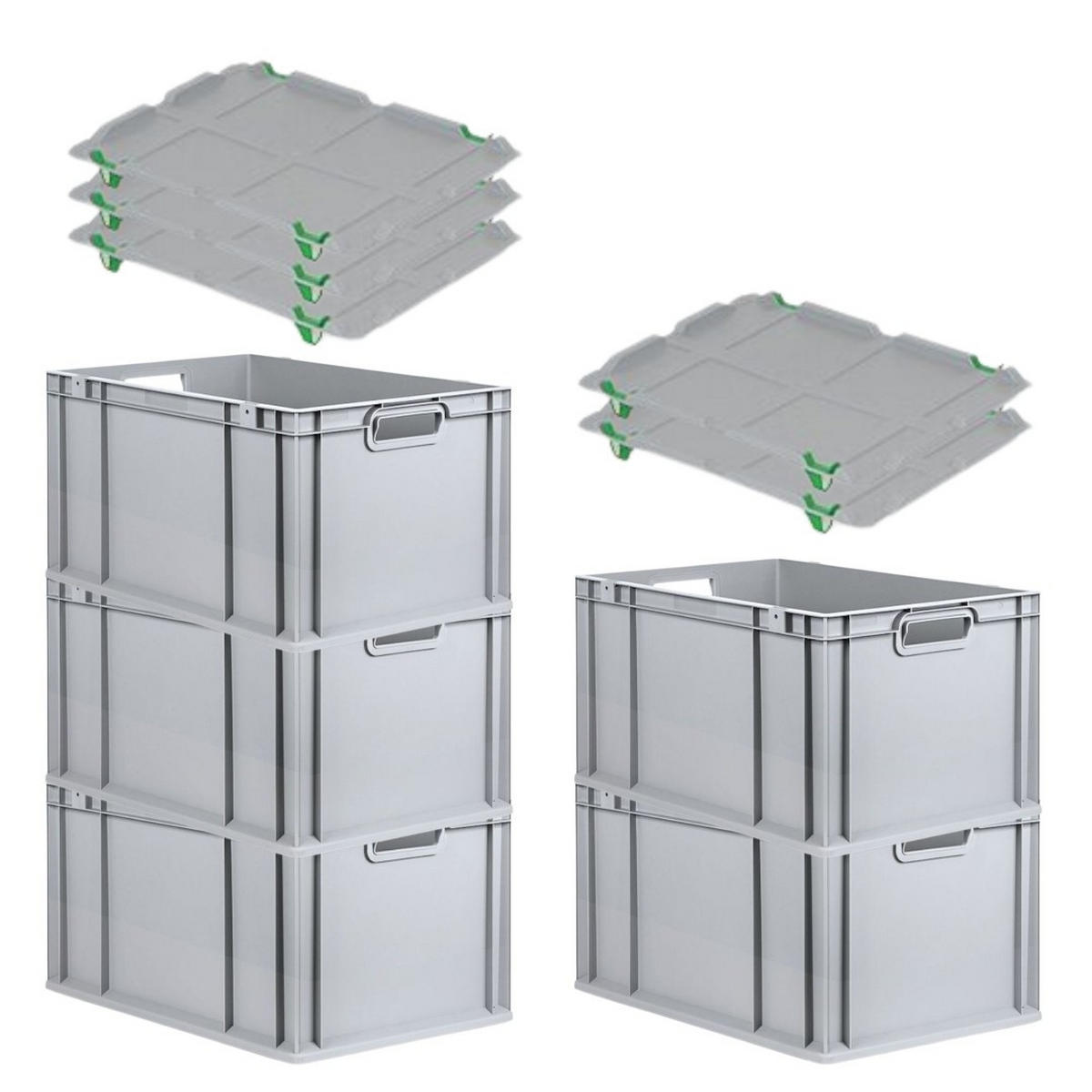 EUROBOX 5x Nextgen Economy Mit Auflagedeckel Grau/Grün Griffe Offen 65 Liter - Grün, Kunststoff (40/32/60cm) - PROREGAL