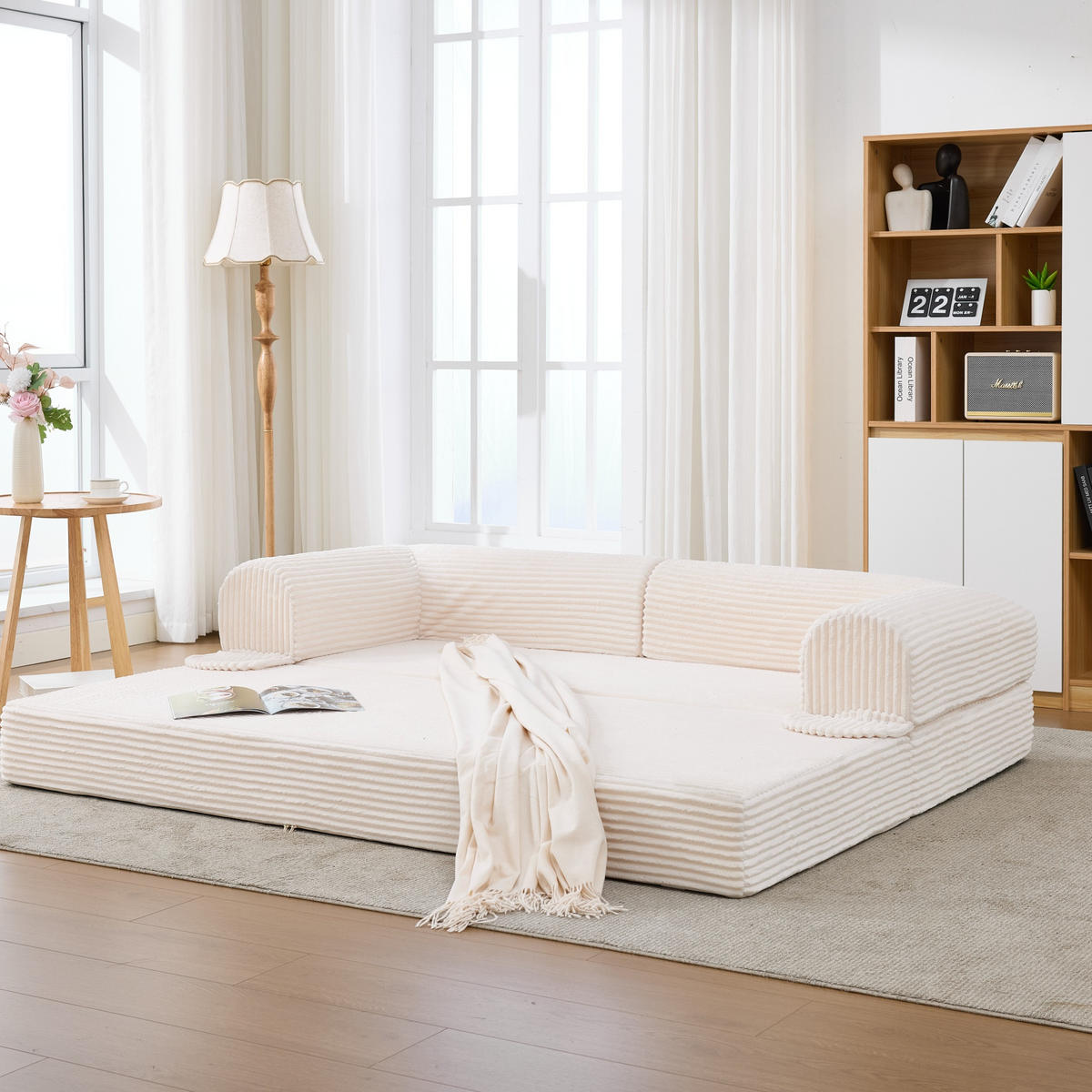 SCHLAFSOFA in Beige aus Cord mit bodennaher Konstruktion - Beige, Textil/Metall (190/45/78cm) - CHICFURN