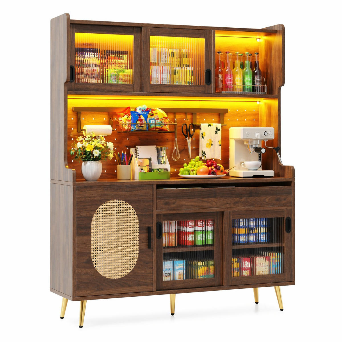 HIGHBOARD in Braun Küchenschrank mit LED-Lichtleiste und Schubladen für Küche und Wohnzimmer, B145/T39/H171 cm - Goldfarben/Braun, Glas/Holzwerkstoff (145/171/39cm) - STILVORA