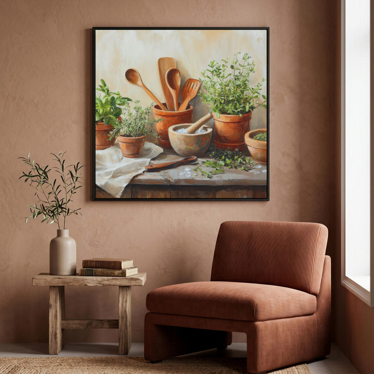 LEINWAND Bilder mit Rahmen - Töpfe - Kräuter - Holz - 90x90 - Terracotta, Textil (90/90cm) - MuchoWow