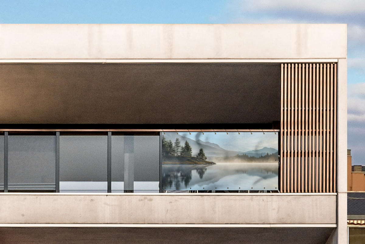 BALKON-SICHTSCHUTZ See - Nebel - Berge - Landschaft - Hellblau, Kunststoff (300/120cm) - MuchoWow