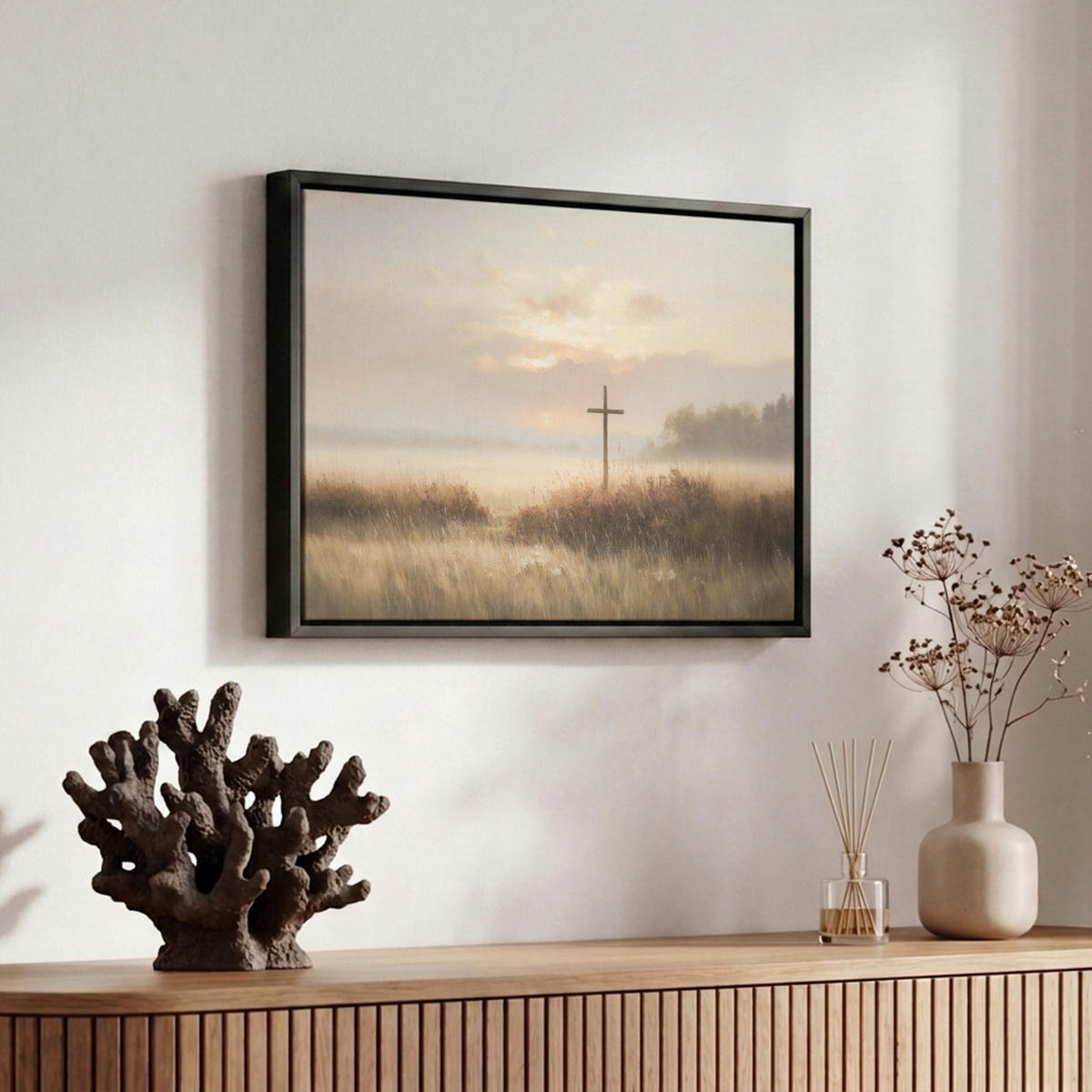 LEINWAND Bilder mit Rahmen - Gras - Morgennebel - Kreuz - Christentum - 30x20 - Beige, Textil (30/20cm) - MuchoWow