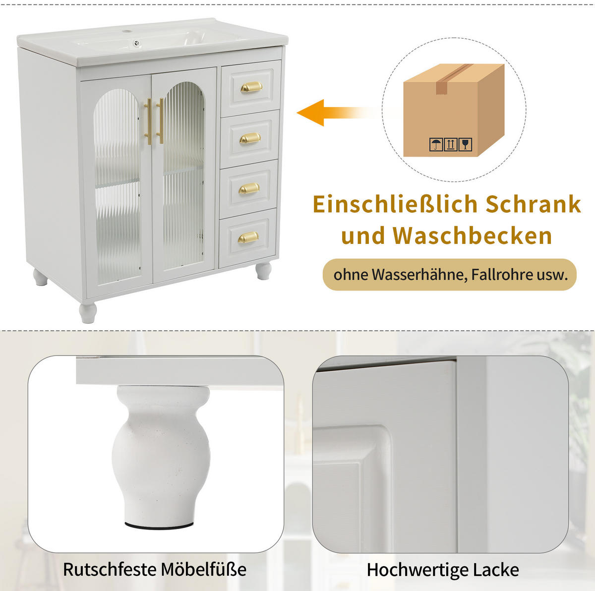 WASCHTISCHKOMBI in Weiß mit 3 Schubladen und Keramikbecken - Weiß, Holzwerkstoff (80/90/47cm) - BEAOK