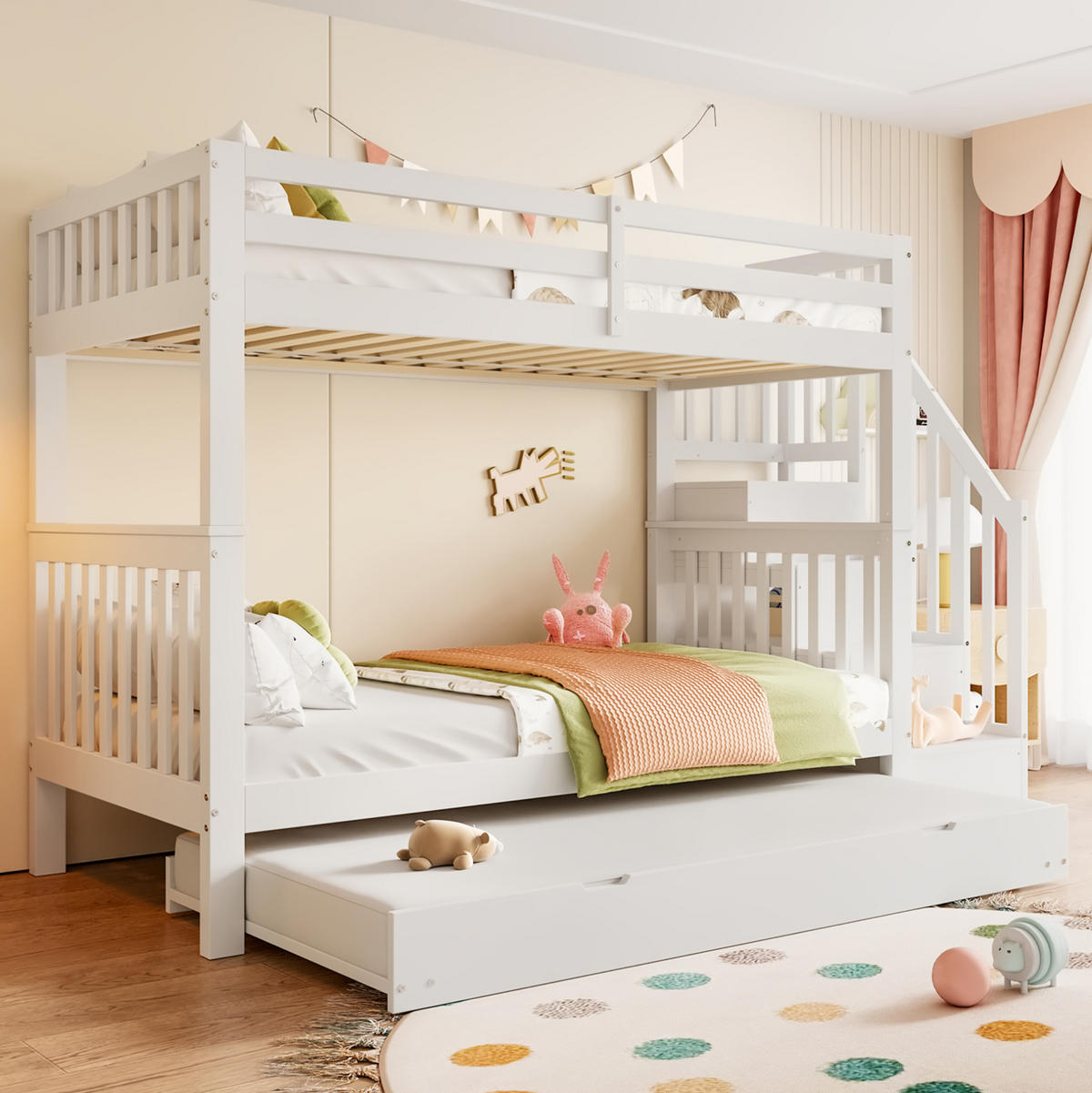 ETAGENBETT 90/200 cm Weiß aus Kiefer und MDF mit Ausziehbett und Treppenregal - Weiß, Holzwerkstoff (90/200cm) - OKWISH