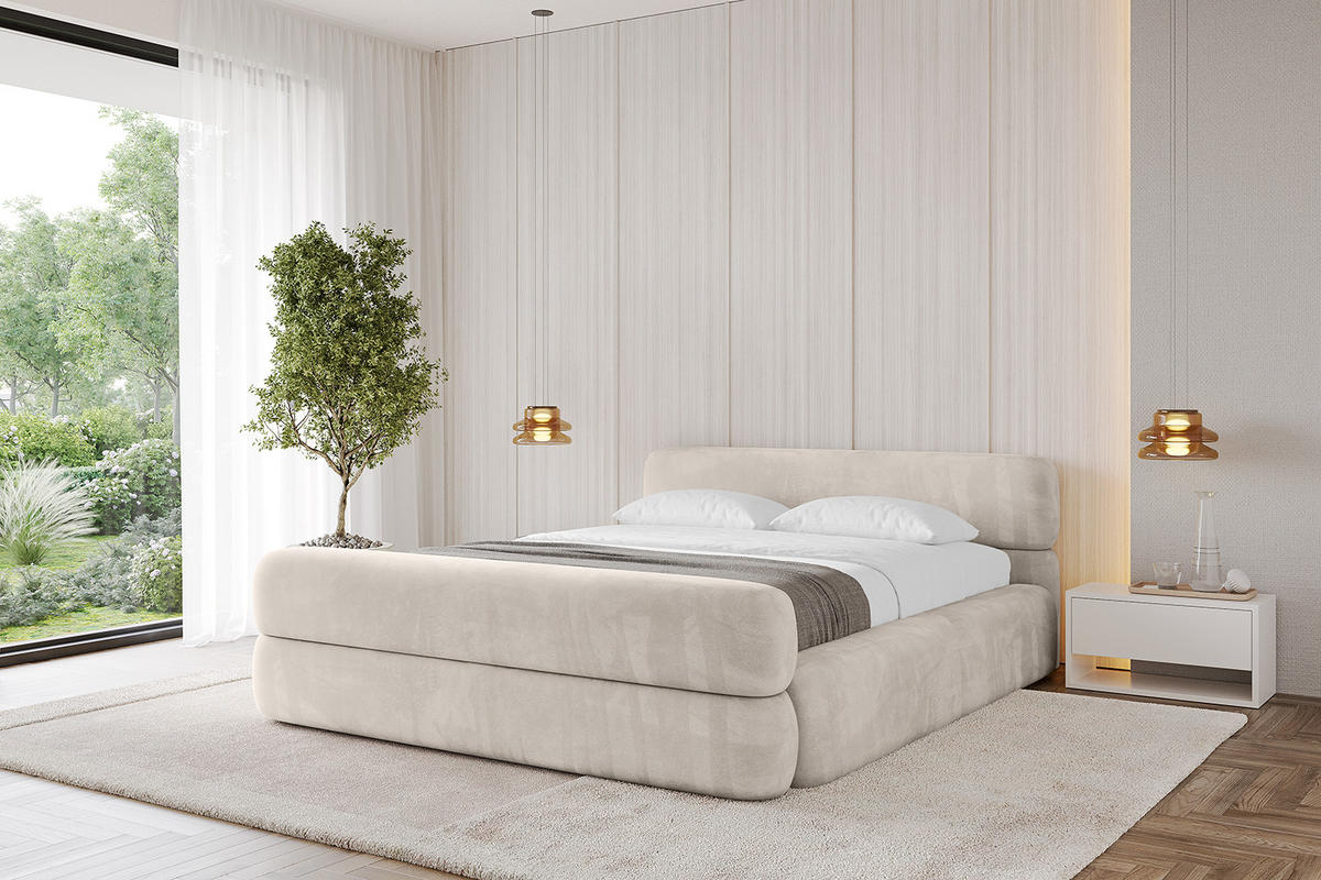 POLSTERBETT mit Bettkasten, Fußteil und Lattenrost, Boxbett mit Matratze H3/H4 - ENORA-Z-V1 120x200 Beige - Beige, Holzwerkstoff/Textil (120/200cm) - ALTDECOR