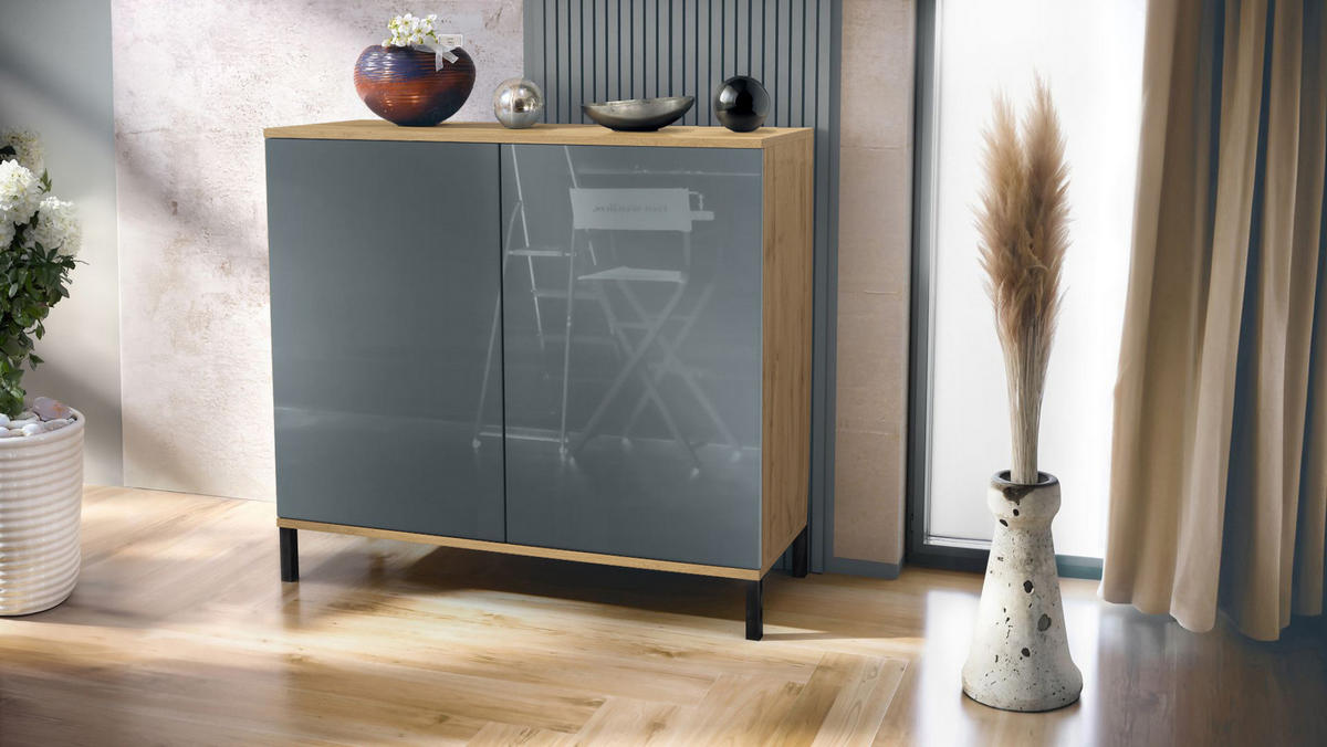KOMMODE Skadu Grau Hochglanz - Grau, Holzwerkstoff (92.5/83.5/35cm) - Vladon