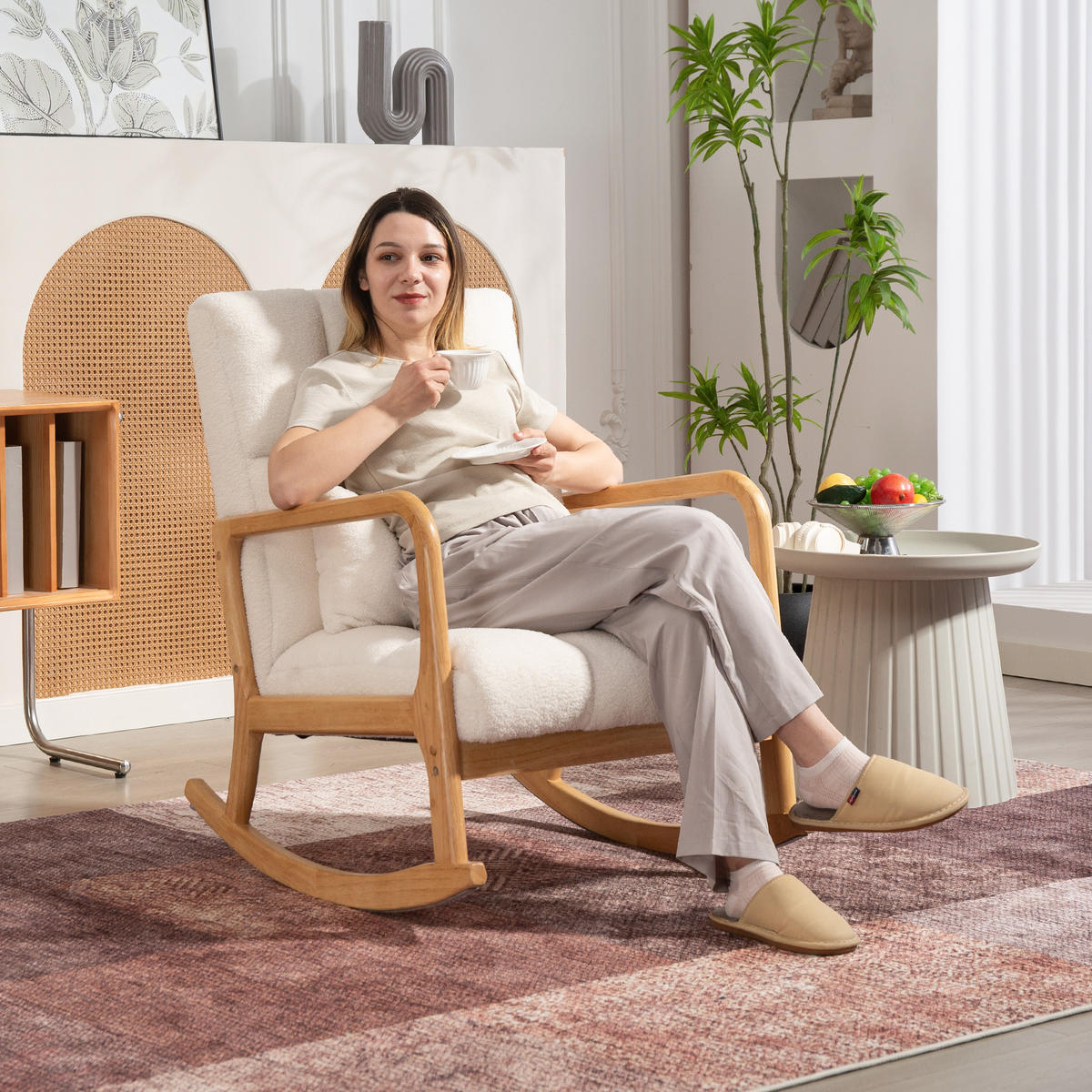 SCHAUKELSTUHL 90°–130° Lendenkissen Sherpa 64,5 x 82 x 89 cm Weiß Holzfarbe - Weiß, Textil (82/89/64.5cm) - Vallsero