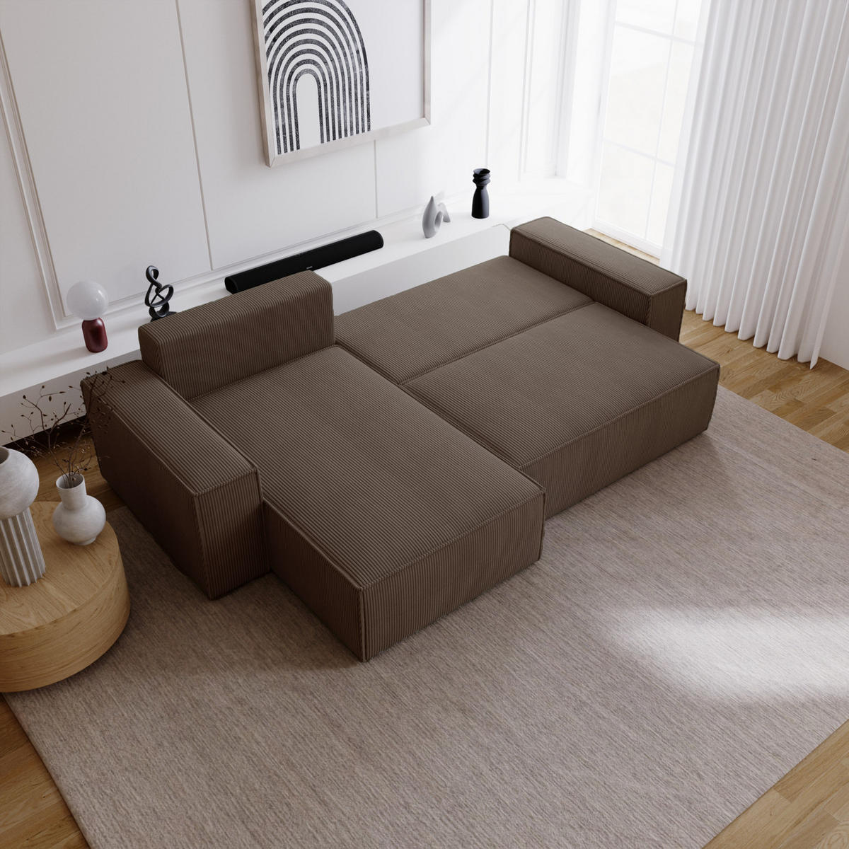 ECKSOFA Bergamo L mit Cordstoff, 280 cm, Schlaffunktion, Links - Braun - Braun, Holz (277/189cm) - Emporius