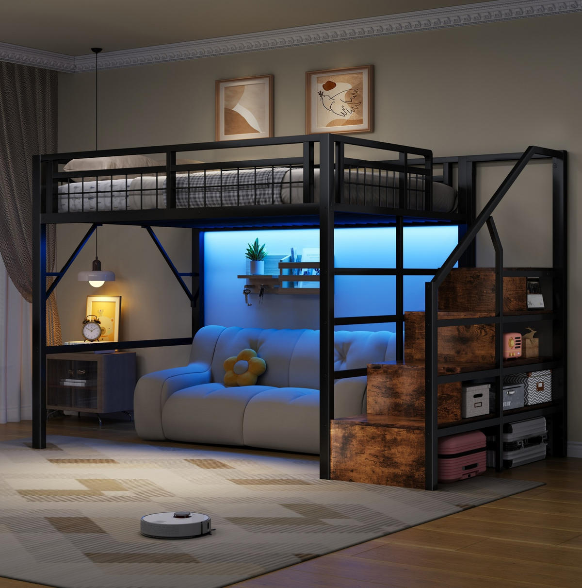 HOCHBETT 140x200 cm in Schwarz mit LED-Beleuchtung und Stauraumtreppe - Schwarz, Metall (140/200cm) - IVMEU