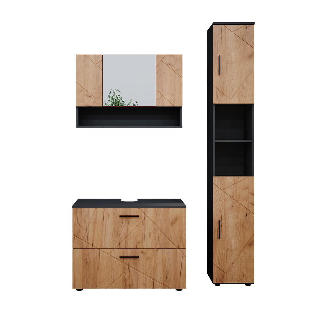 BADRUMSMÖBELSET Irma Goldkraft ek/antracit 3 delar, med spegelskåp 80 cm Honungsek, Antracit 58.6/80/41 cm