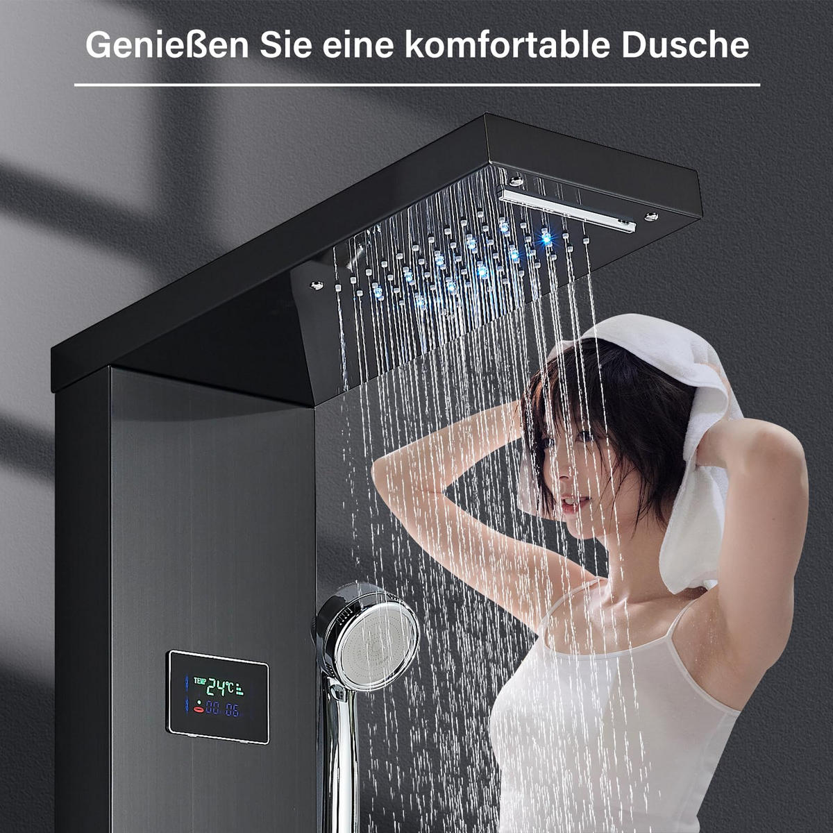 ÜBERKOPFBRAUSESET Schwarz Edelstahl 304 LED Temperaturanzeige - Schwarz, Metall (20/122/46cm) - Kaket