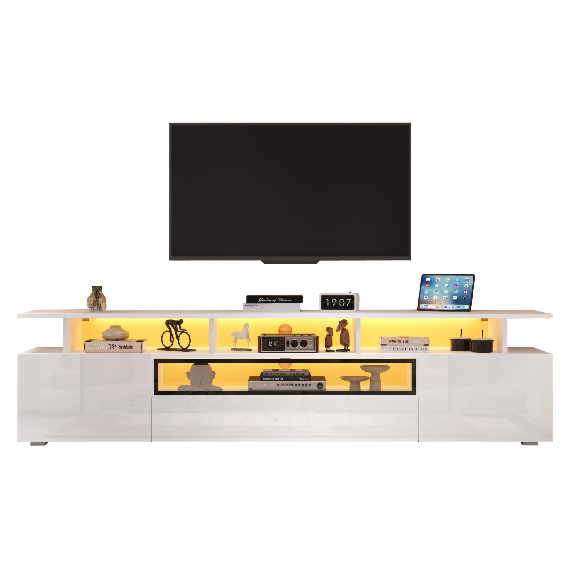 TV-SCHRANK 180/38/45 cm weiß Hochglanz mit 2 Schränken, 1 Schublade und LED-Beleuchtung - Weiß, Holzwerkstoff (180/45/38cm) - OKWISH
