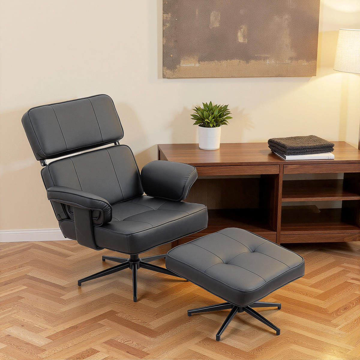 RELAXSESSEL mit Hocker Verstellbare Kopfstütze Liegefunktion Kunstleder Schwarz - Schwarz, Textil/Metall (79/89/91cm) - HOMCOM