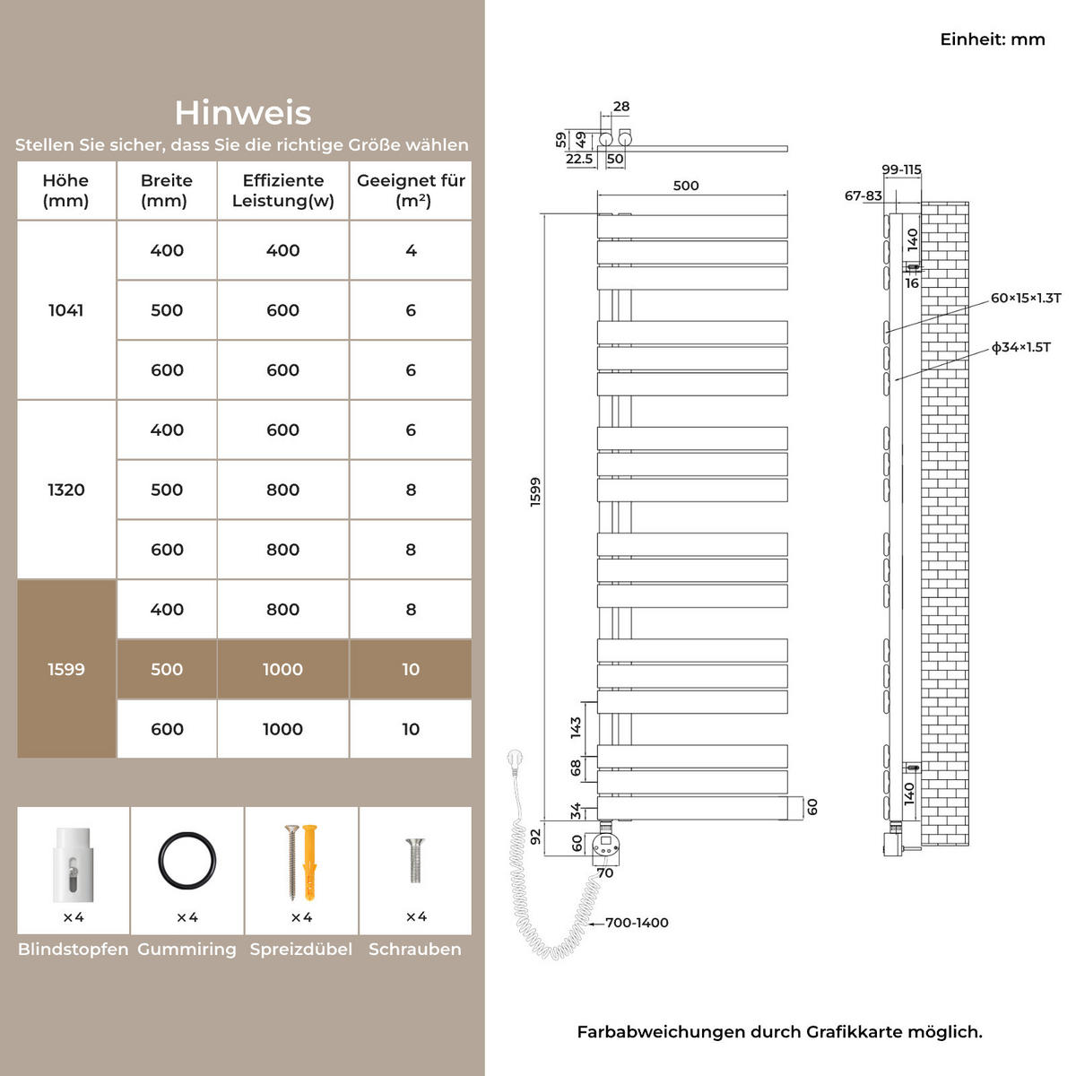 HANDTUCHHEIZKÖRPER 159,9/50 cm weiß elektrisch 1000 W mit WLAN-Thermostat - Weiß, Metall (50/160/5.9cm) - S'AFIELINA