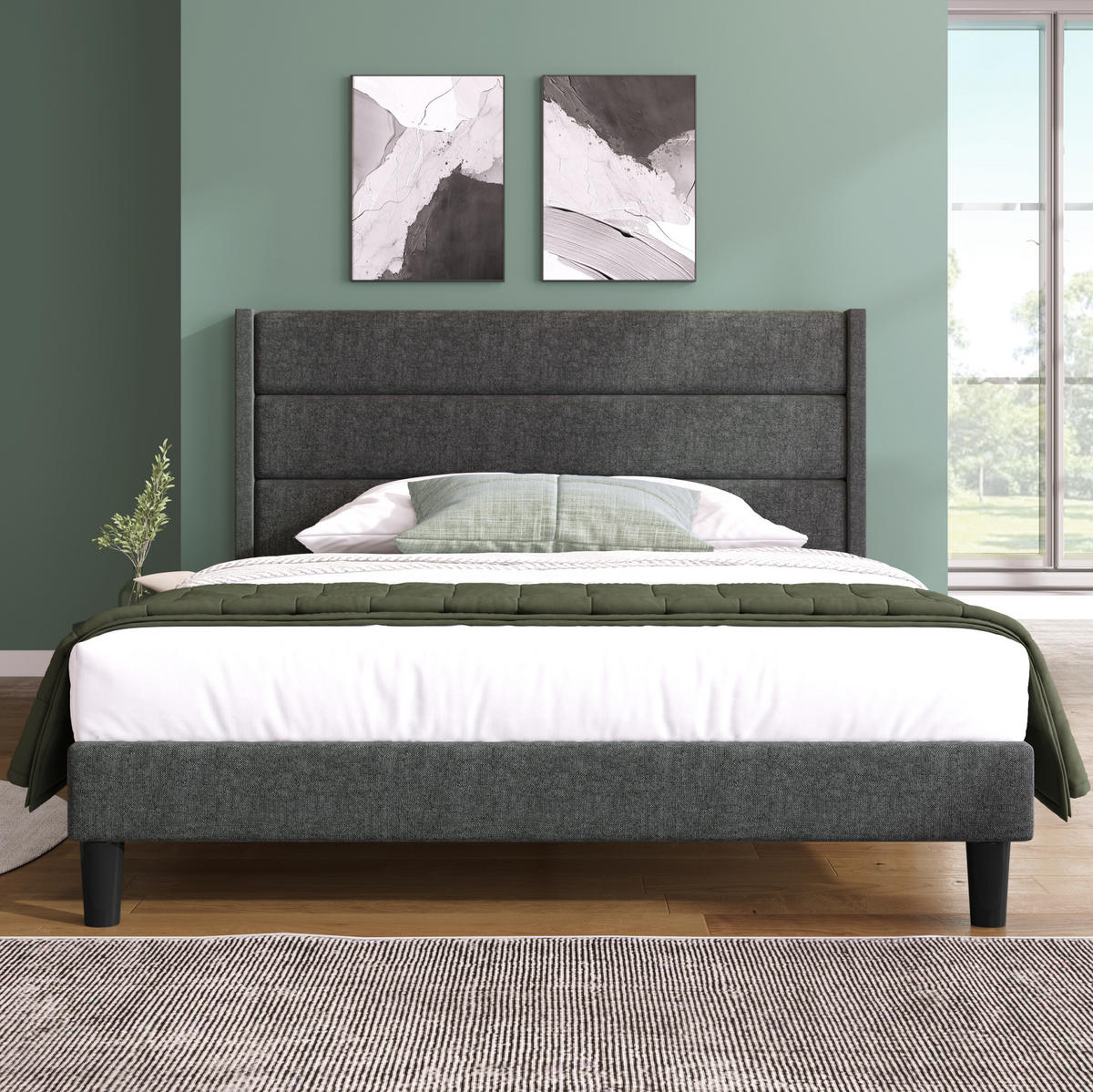POLSTERBETT aus Leinen 140x200 cm Dunkelgrau mit Kopfteil und Lattenrost - Dunkelgrau, Textil (140/200cm) - IVMEU