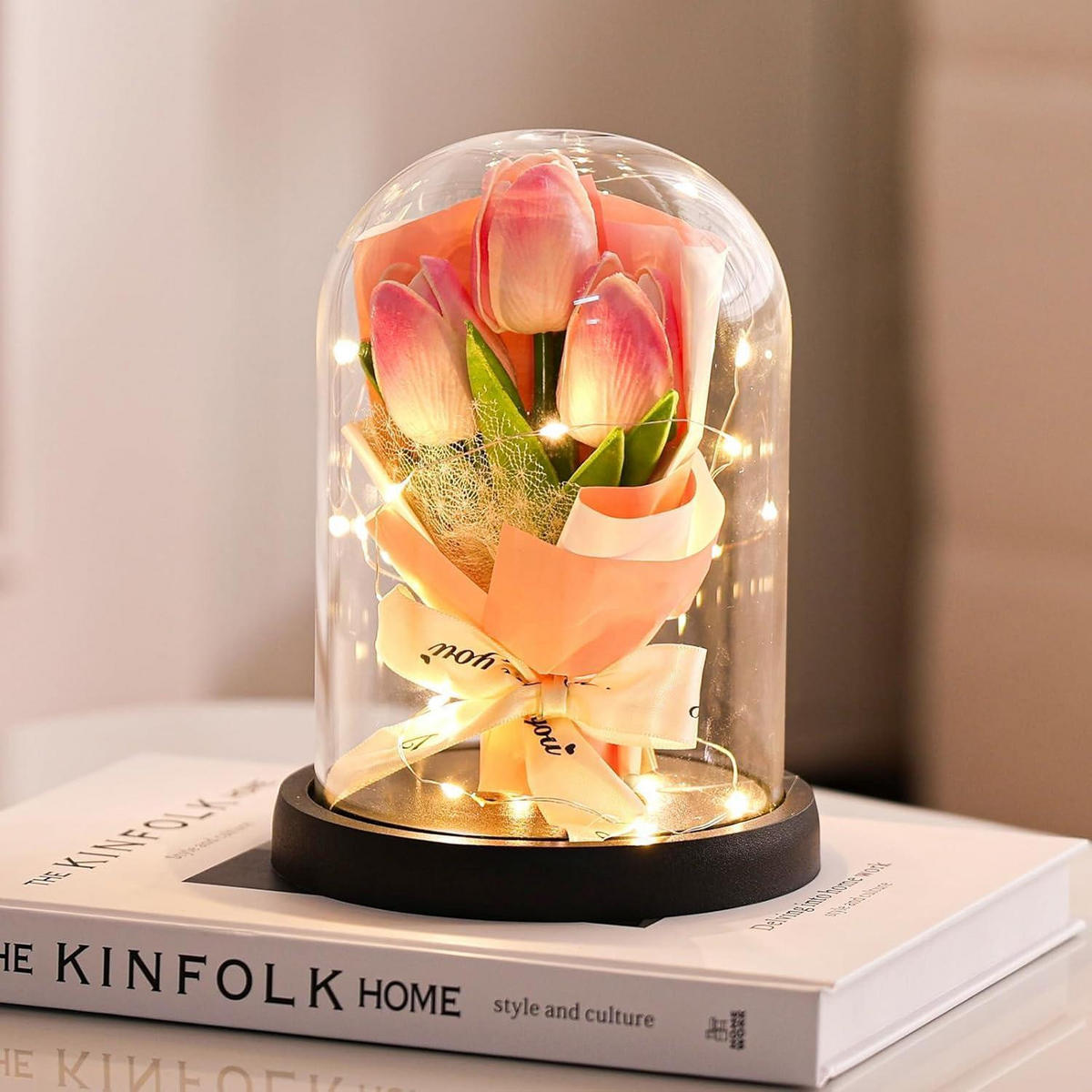 KUNSTBLUMEN im Glas mit LED-Licht Rosa - Rosa, Glas (15cm)