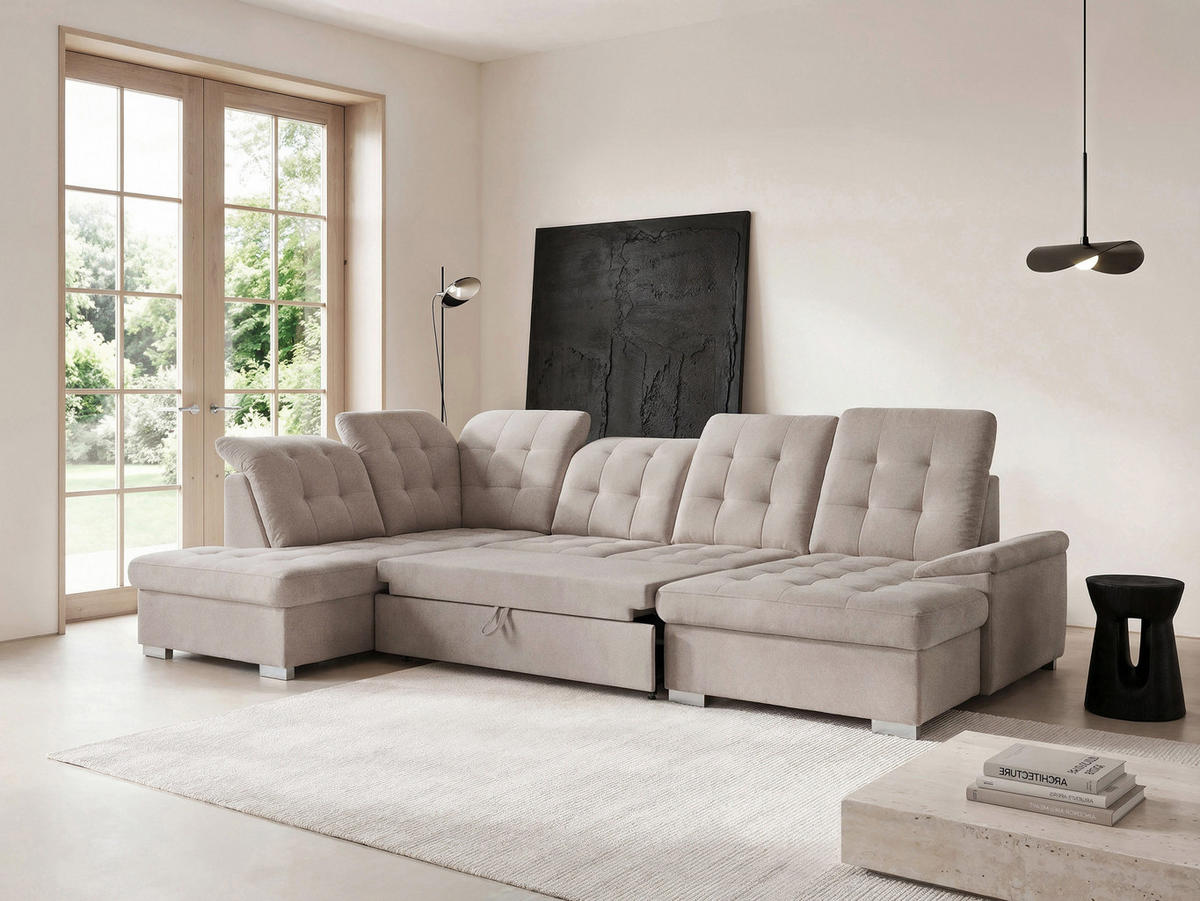 WOHNLANDSCHAFT ANON Ottomane Links, mit Schlaffunktion und Bettkasten, Beige - Beige, Kunststoff/Textil (322/87/220cm) - Idohome