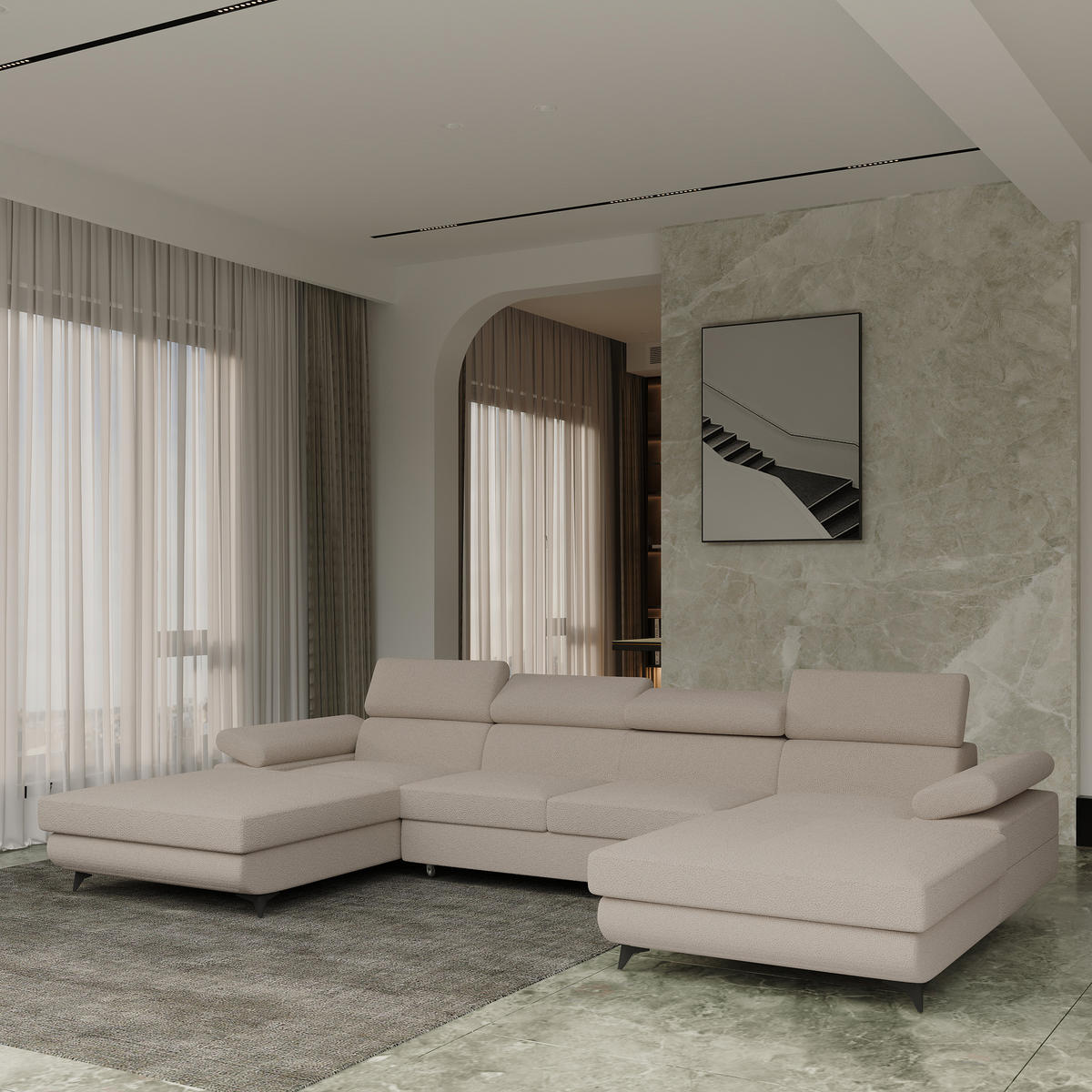 WOHNLANDSCHAFT DETTI Beige Boucle-Stoff mit Schlaffunktion - Beige, Holz (339/89/190cm) - MASSENO