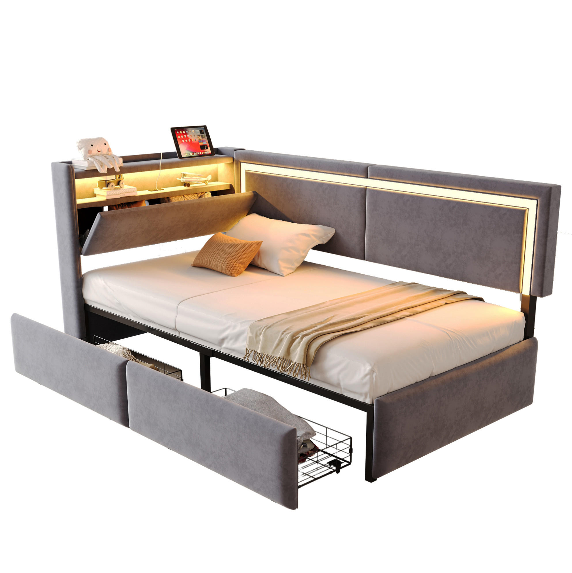 POLSTERBETT 90/200 cm aus Samt mit LED-Beleuchtung und USB-Anschlüssen Dunkelgrau - Dunkelgrau, Textil (90/200cm) - Modenvie