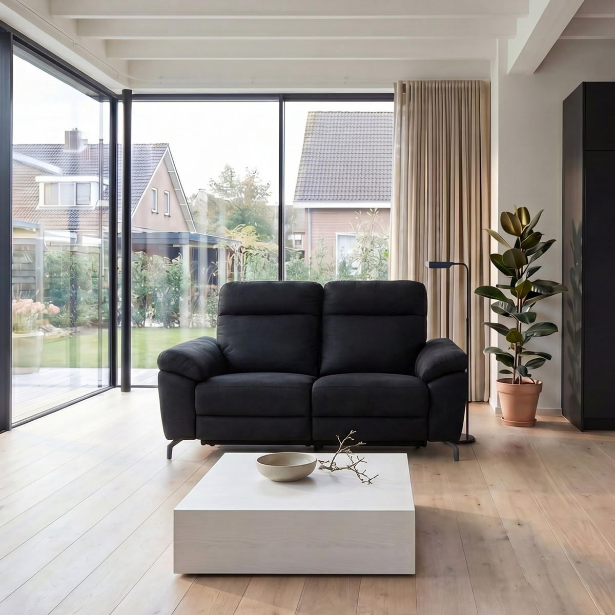 ZWEISITZER-SOFA Mikrofaser Schwarz - Schwarz, Leder/Metall (162/101/96cm) - Furnhouse