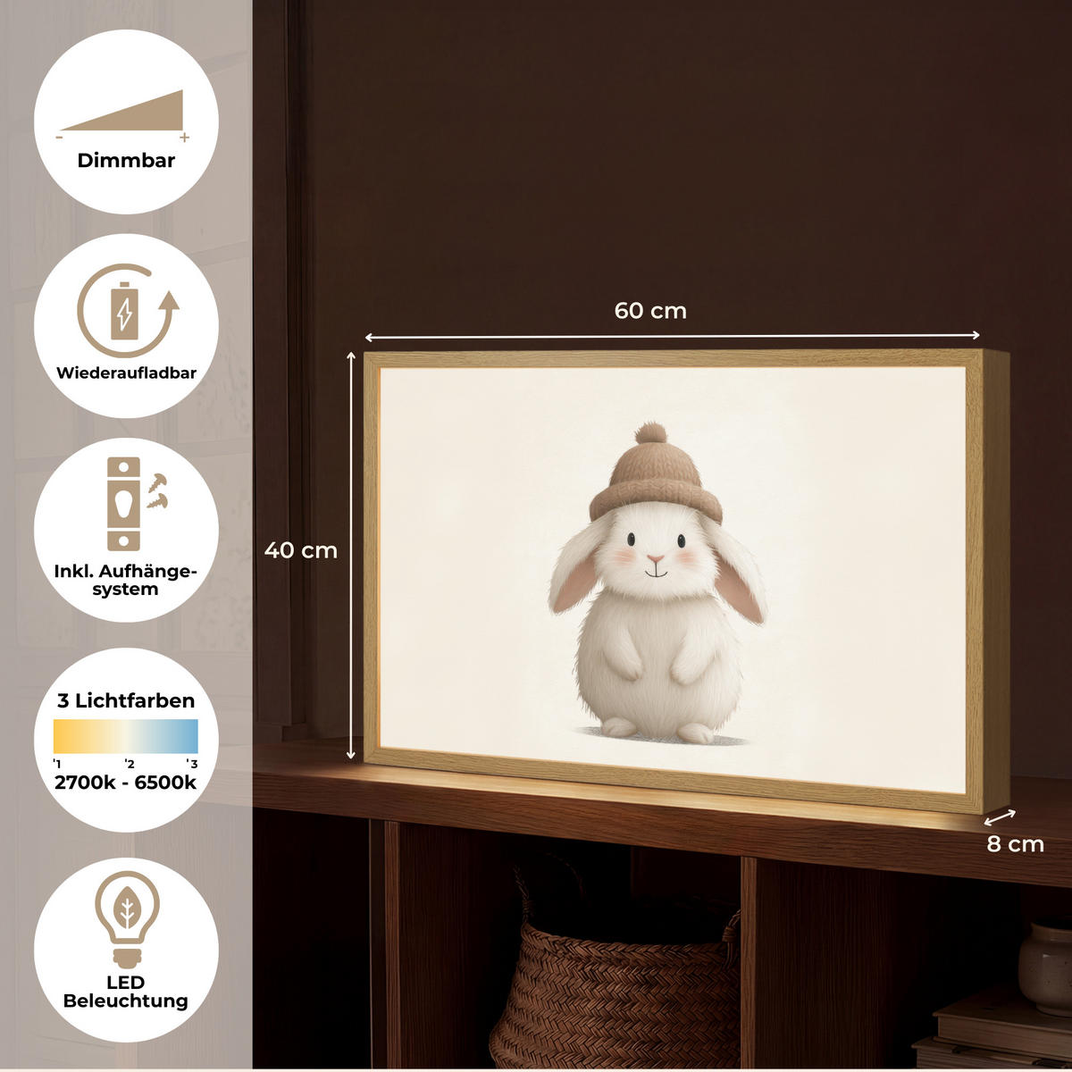 NACHTTISCHLAMPE MIT AKKU Kaninchen - Hut - Ohren - Beige 60x40 cm - Creme, Holzwerkstoff (8/60/40cm) - OnlyWow