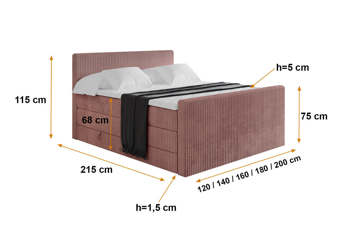 BOXSPRINGBETT mit Matratze H3|H4 und Lattenrost - TOLO-Z KING 120x200 Cord - Hellrosa - Hellrosa, Holzwerkstoff (120/200cm) - ALTDECOR