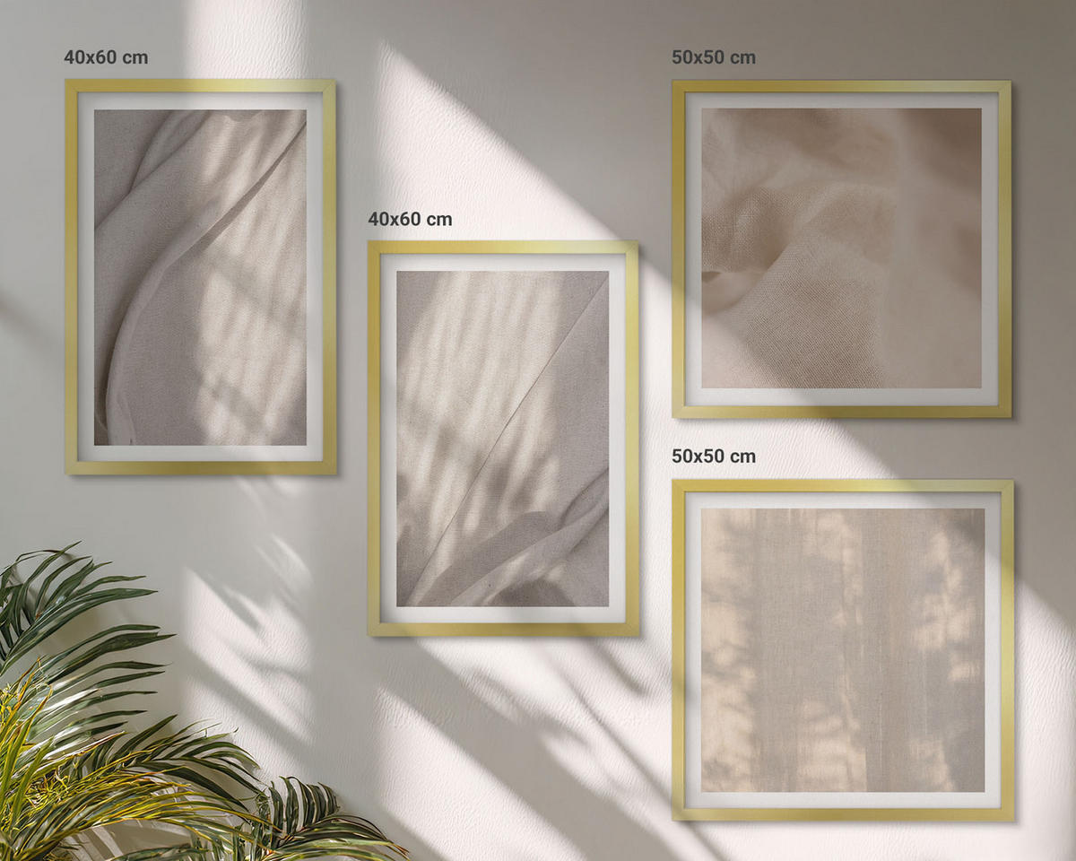 BILDER SET 4er Set - 50x50 cm & 40x60 cm Goldrahmen - Nahaufnahme von natürlichen Boho-Stoffen - Goldfarben, Kunststoff (50/50cm) - TULUP