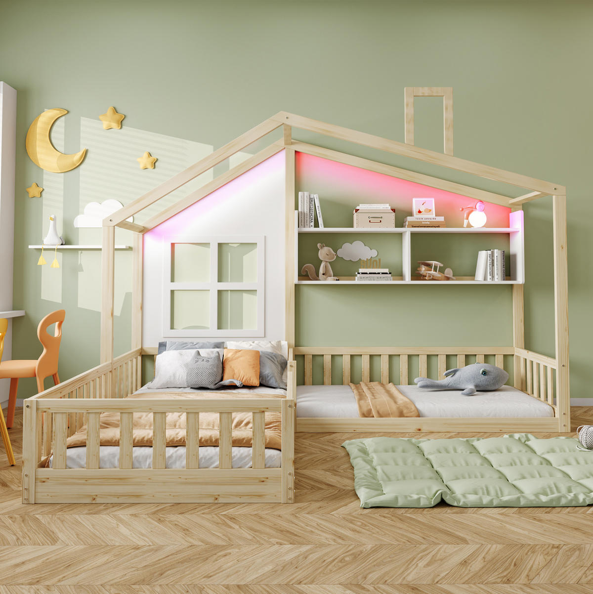 KINDERBETT 90/200 cm aus Holz mit LED-Beleuchtung und Regalen - Naturfarben, Holz (90/200cm) - Flora Grace
