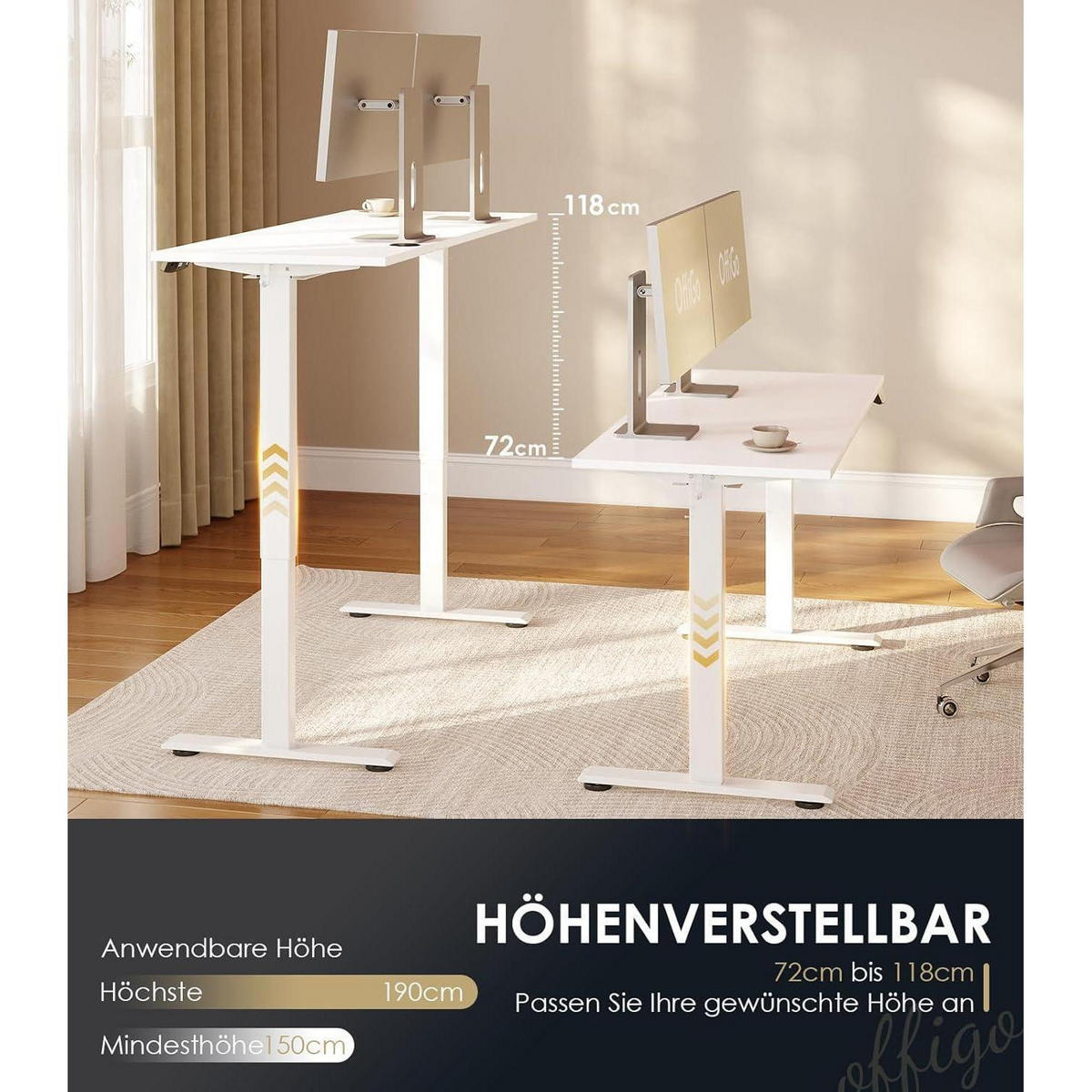 SCHREIBTISCH höhenverstellbar elektrisch 140 cm Weiß - Weiß, Metall (54/140/72cm)
