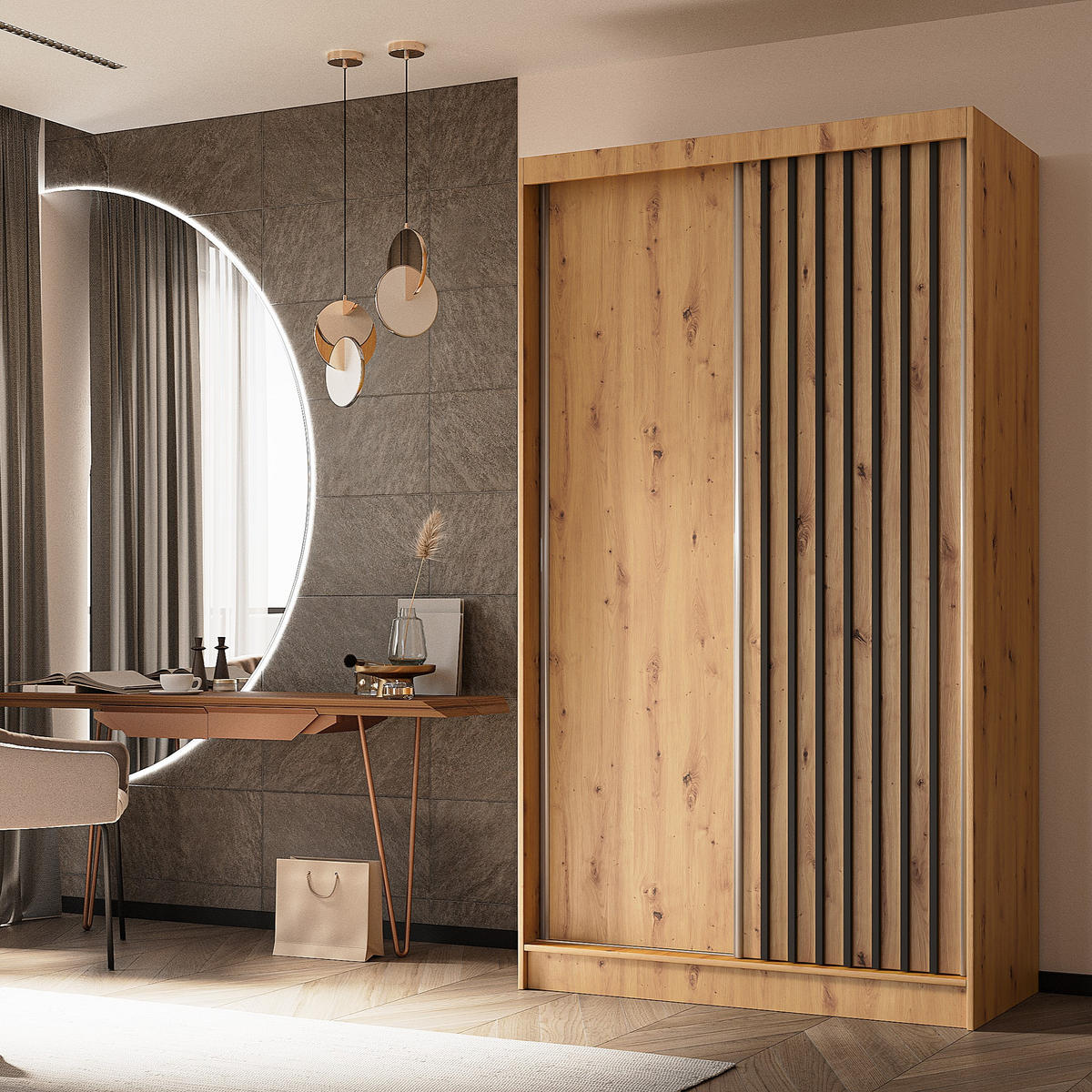 SCHWEBETÜRENSCHRANK LAMELLO 120/216/61 cm 2-türig Eiche Artisan - Eiche Artisan, Holzwerkstoff (120/216/61cm) - MASSENO